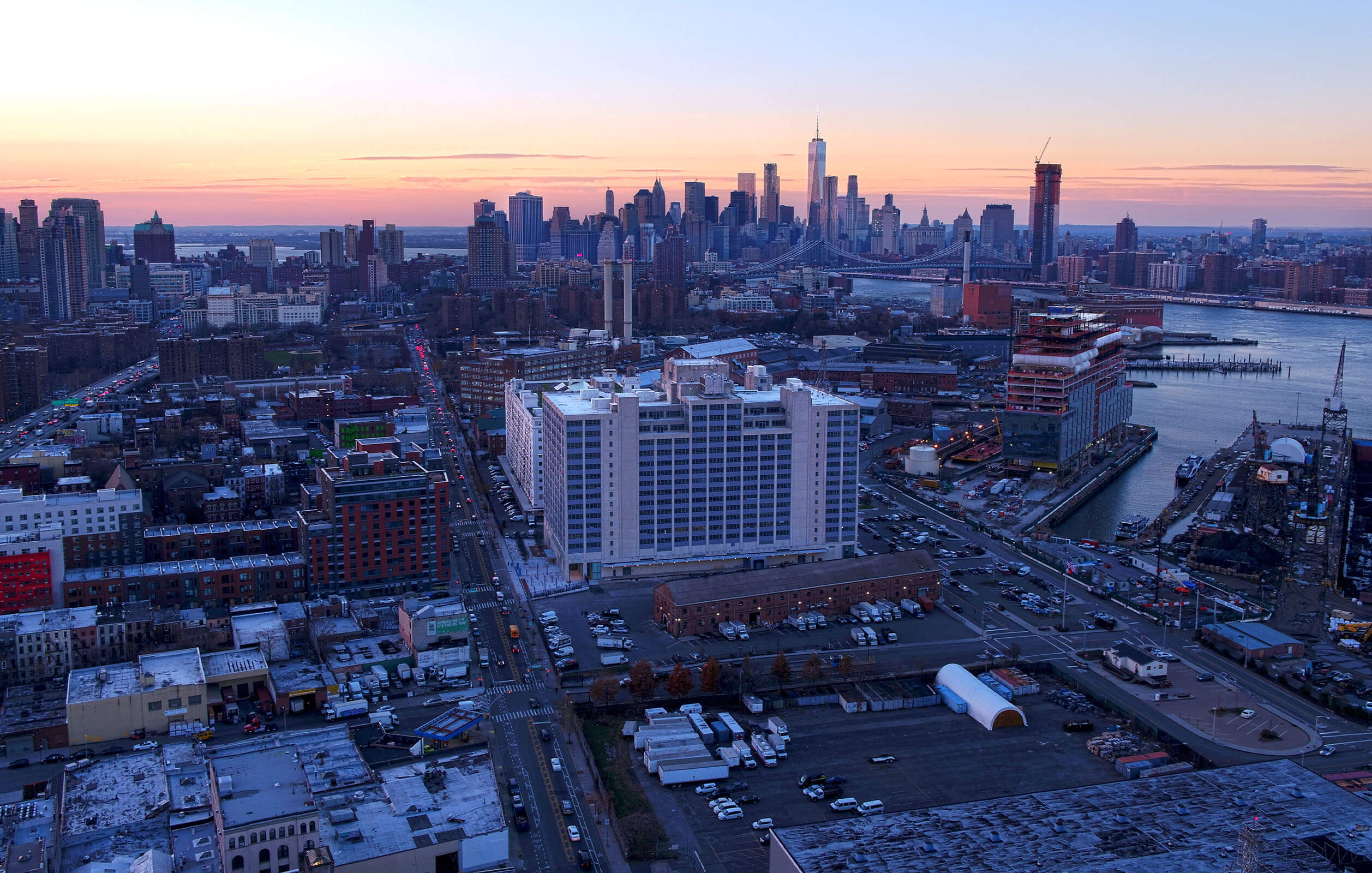 Aerial shot of Building 77 inside the Brooklyn Navy Yard, New York City's largest industrial park