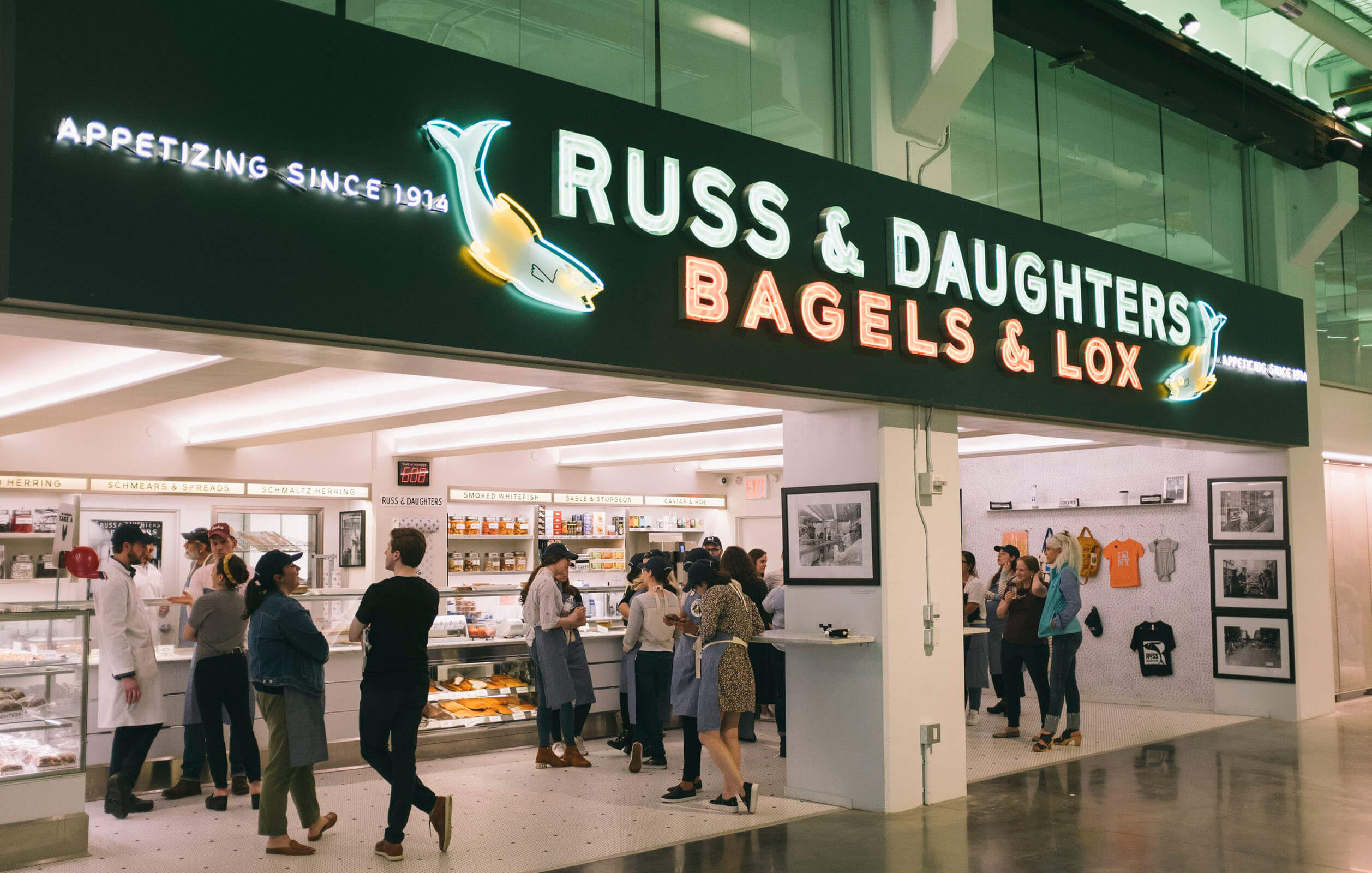 Entrance to Russ & Daughters shop inside the food court at Building 77