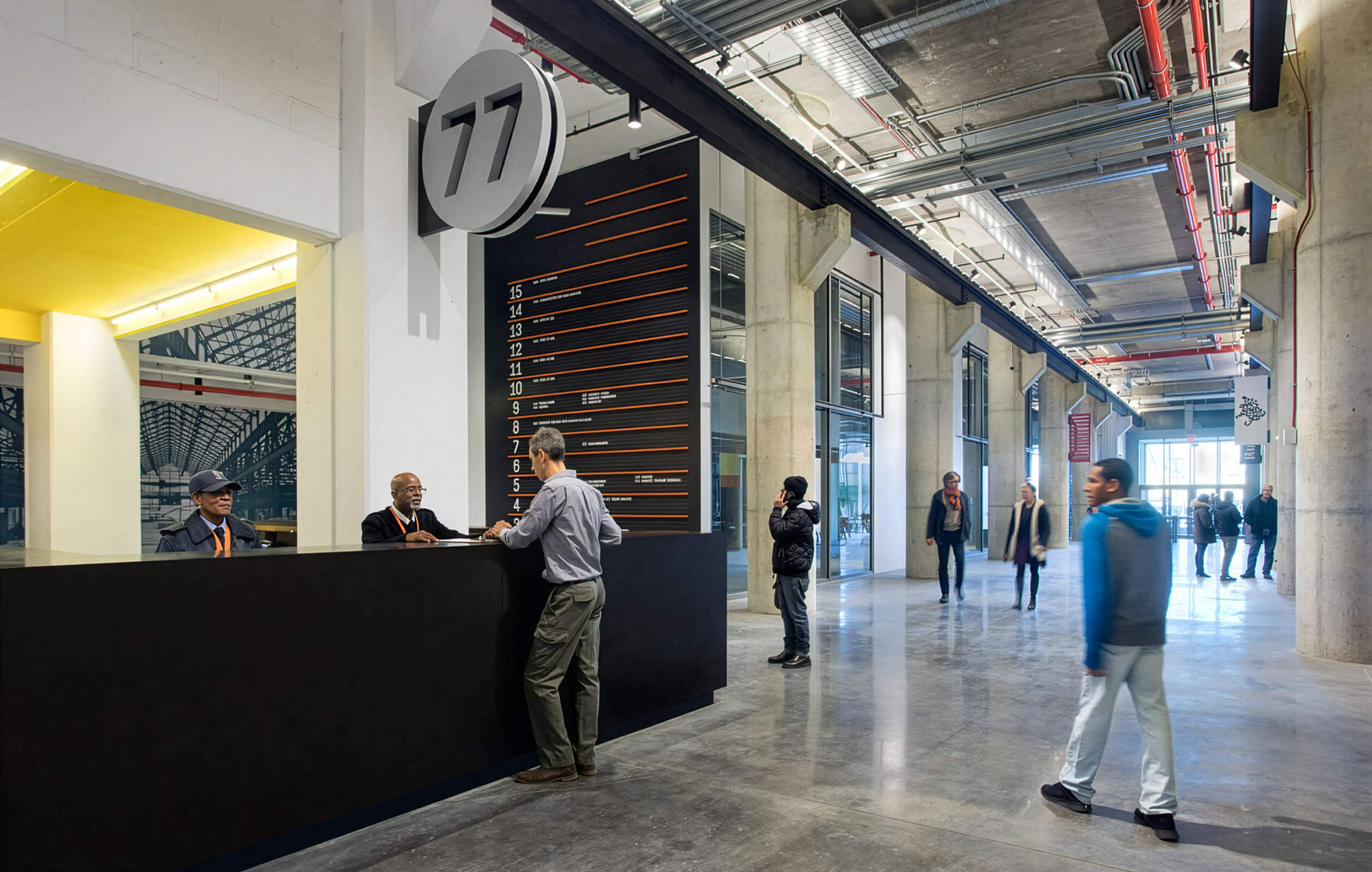 Reception desk inside the lobby of Building 77 in the Brooklyn Navy Yard