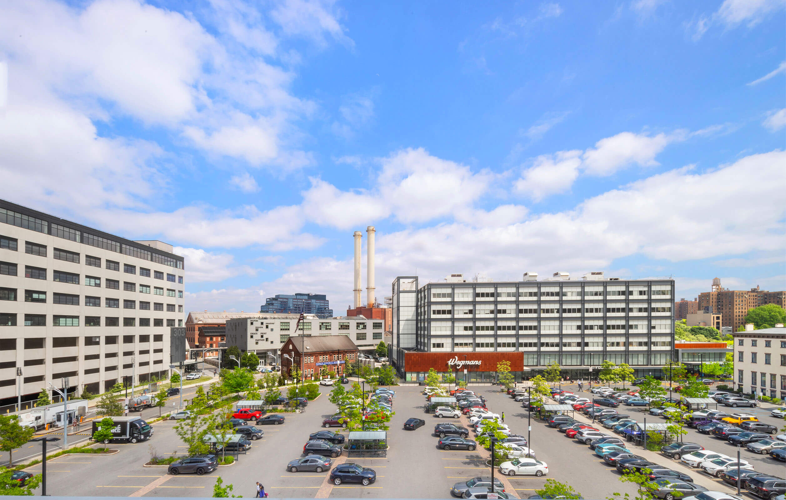 Wide-angled aerial shot of the Admirals Row development in the Brooklyn Navy Yard
