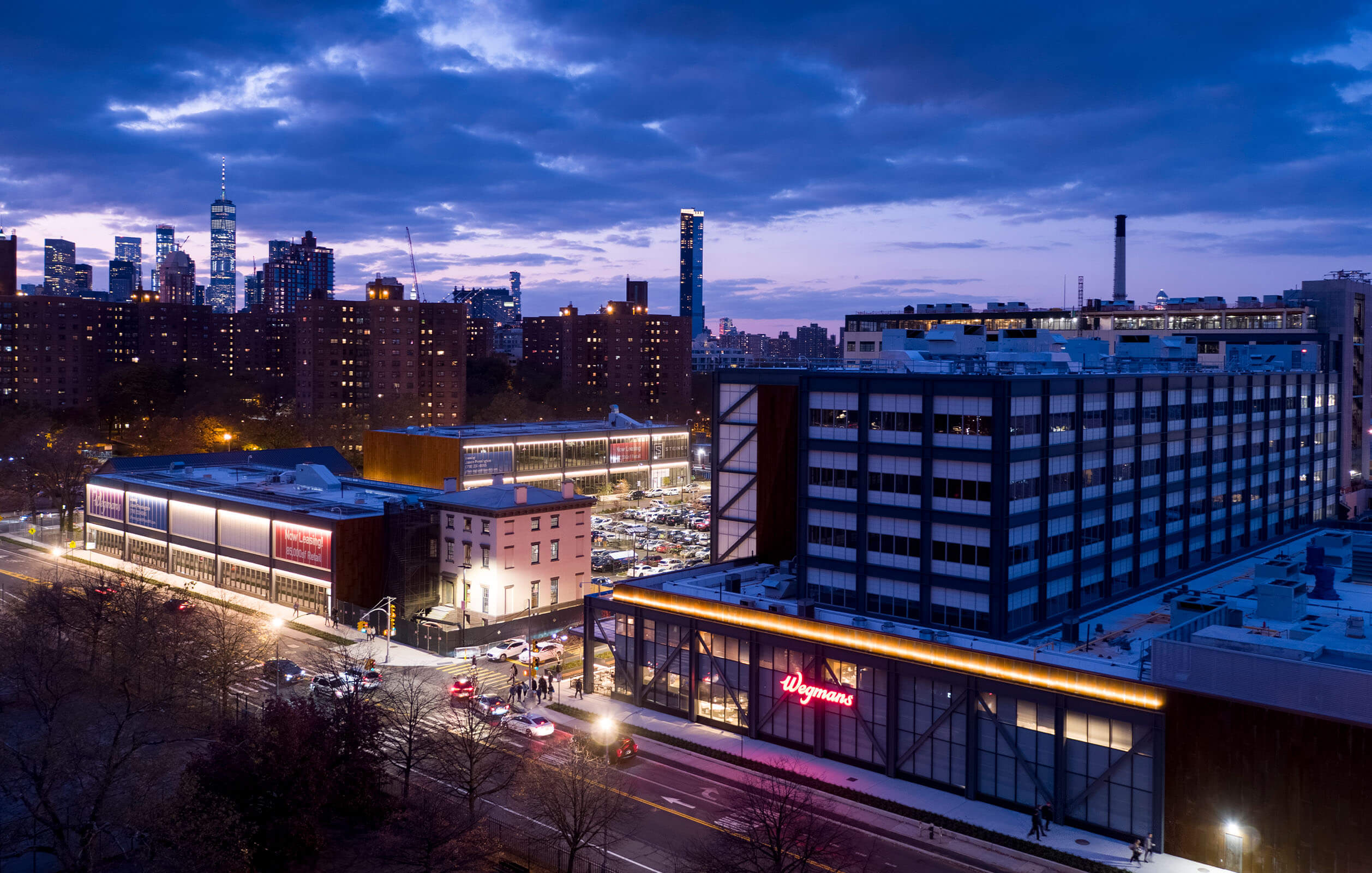 Night view of Admirals Row complex looking west