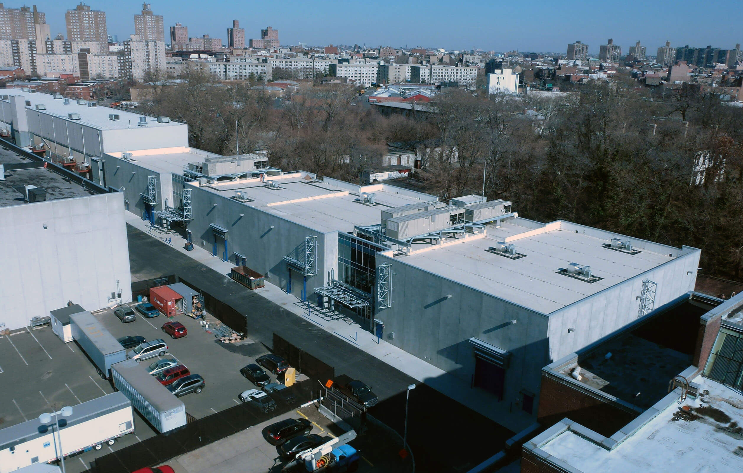 Overhead view of soundstages at Steiner Studios film and television complex
