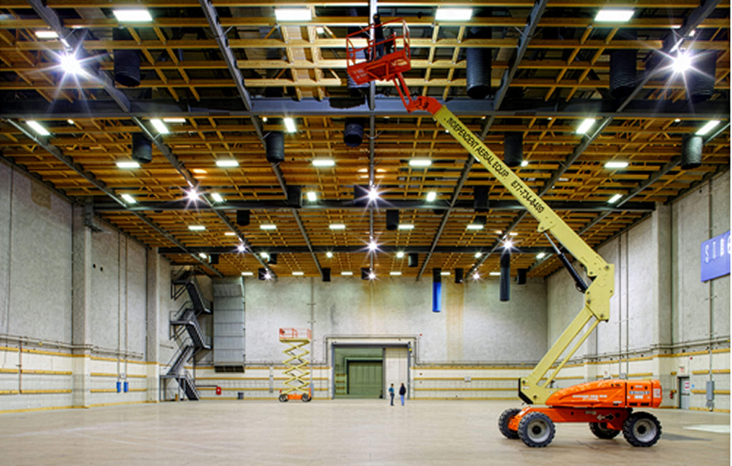 Interior of soundstages with boom truck at Steiner Studios