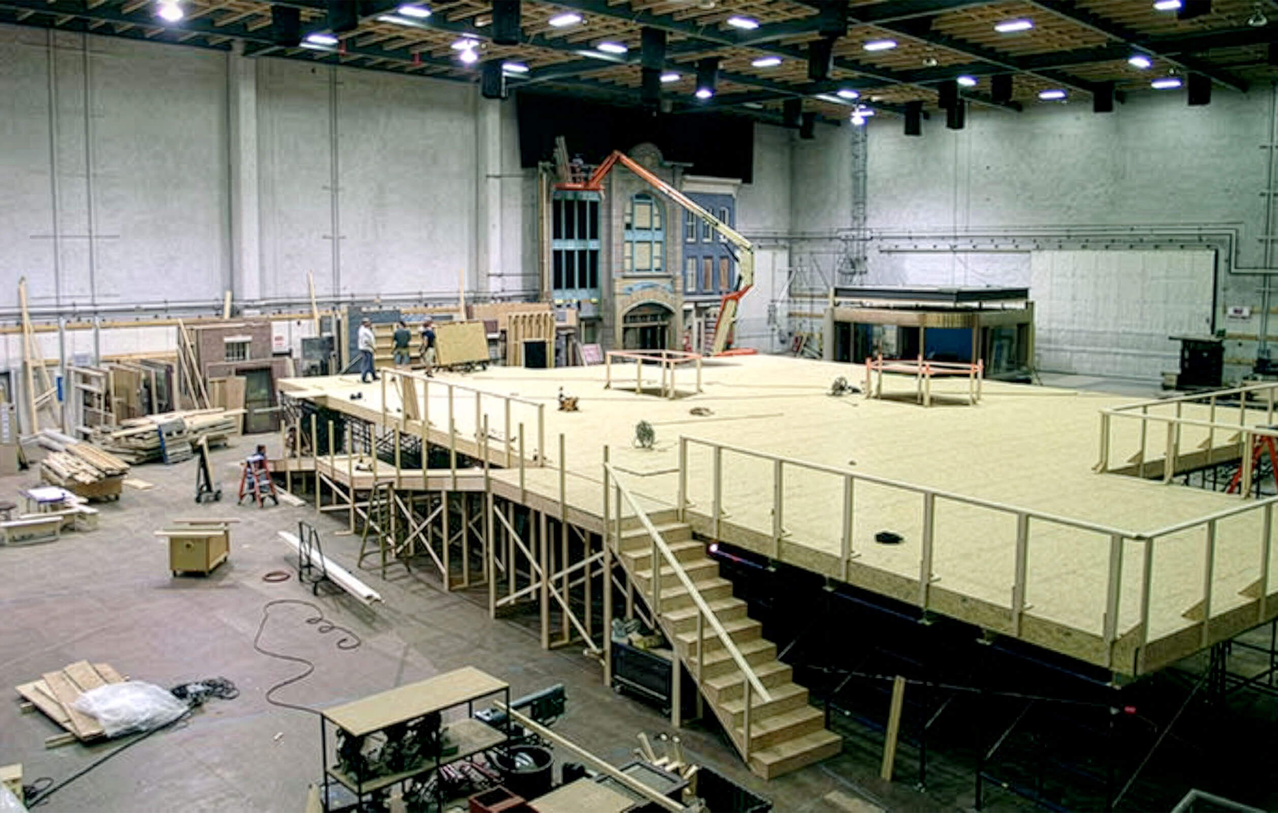 Construction of new sets on a soundstage at Steiner Studios