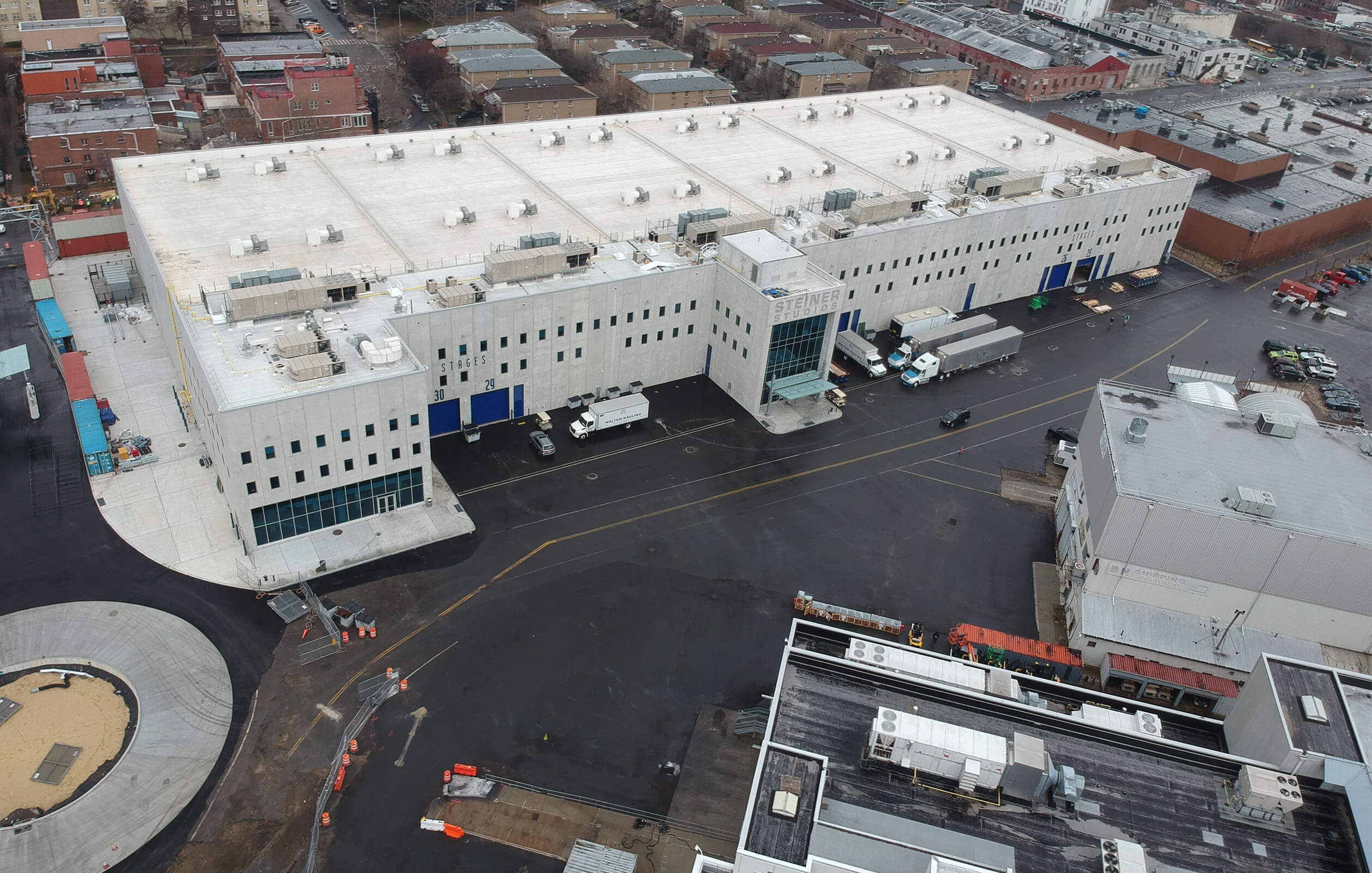 Overhead veiw of six soundstages and production support space along Kent Ave in the Brooklyn Navy Yard