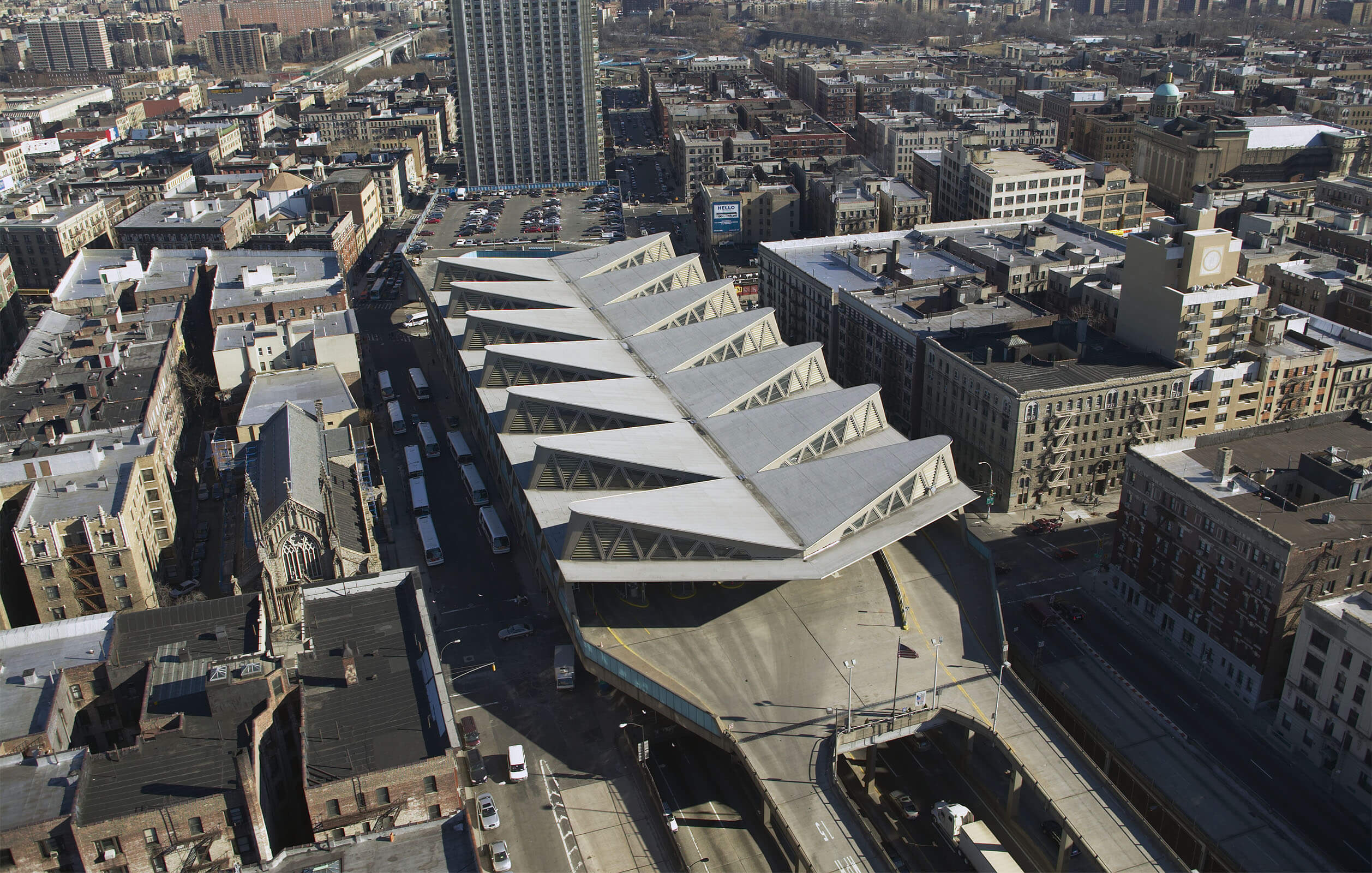 Aerial view of the George Washington Bridge Bus Station in Washington Heights
