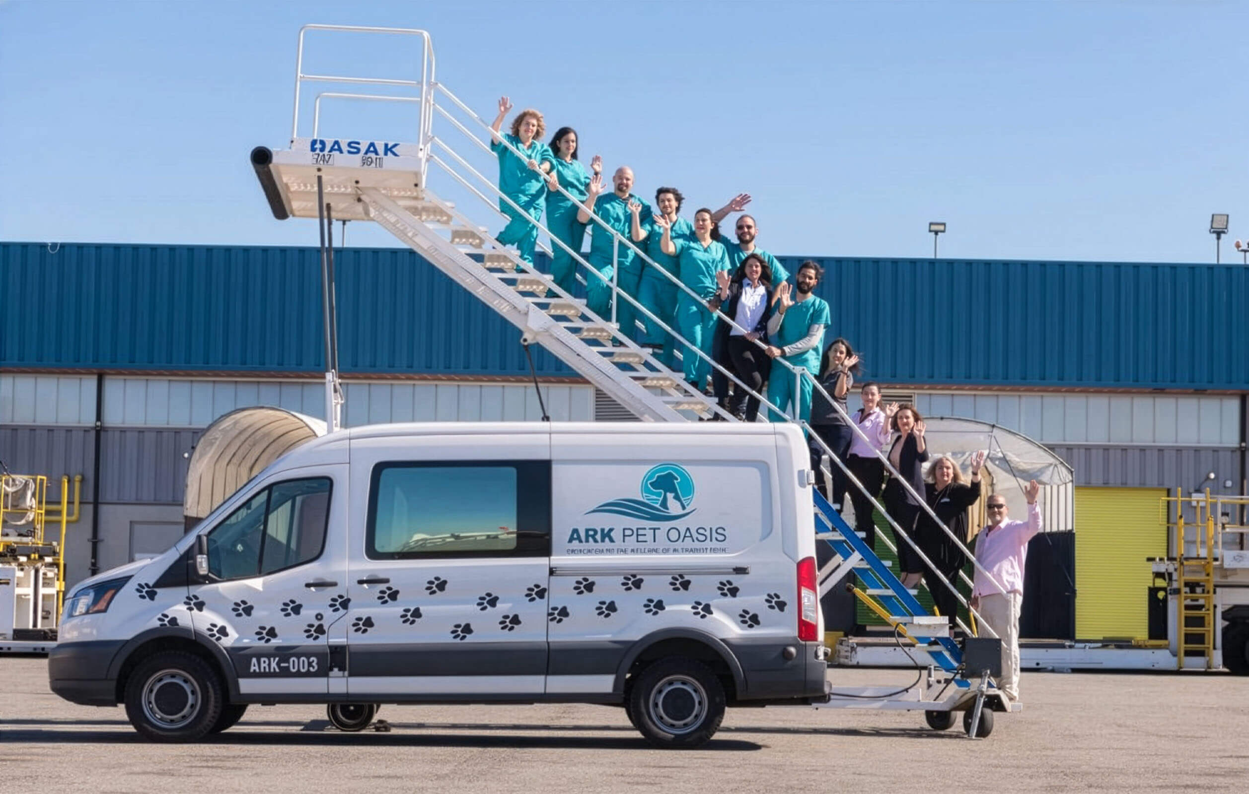 Members of the ARK at JFK pose for a photo on a jet stairway