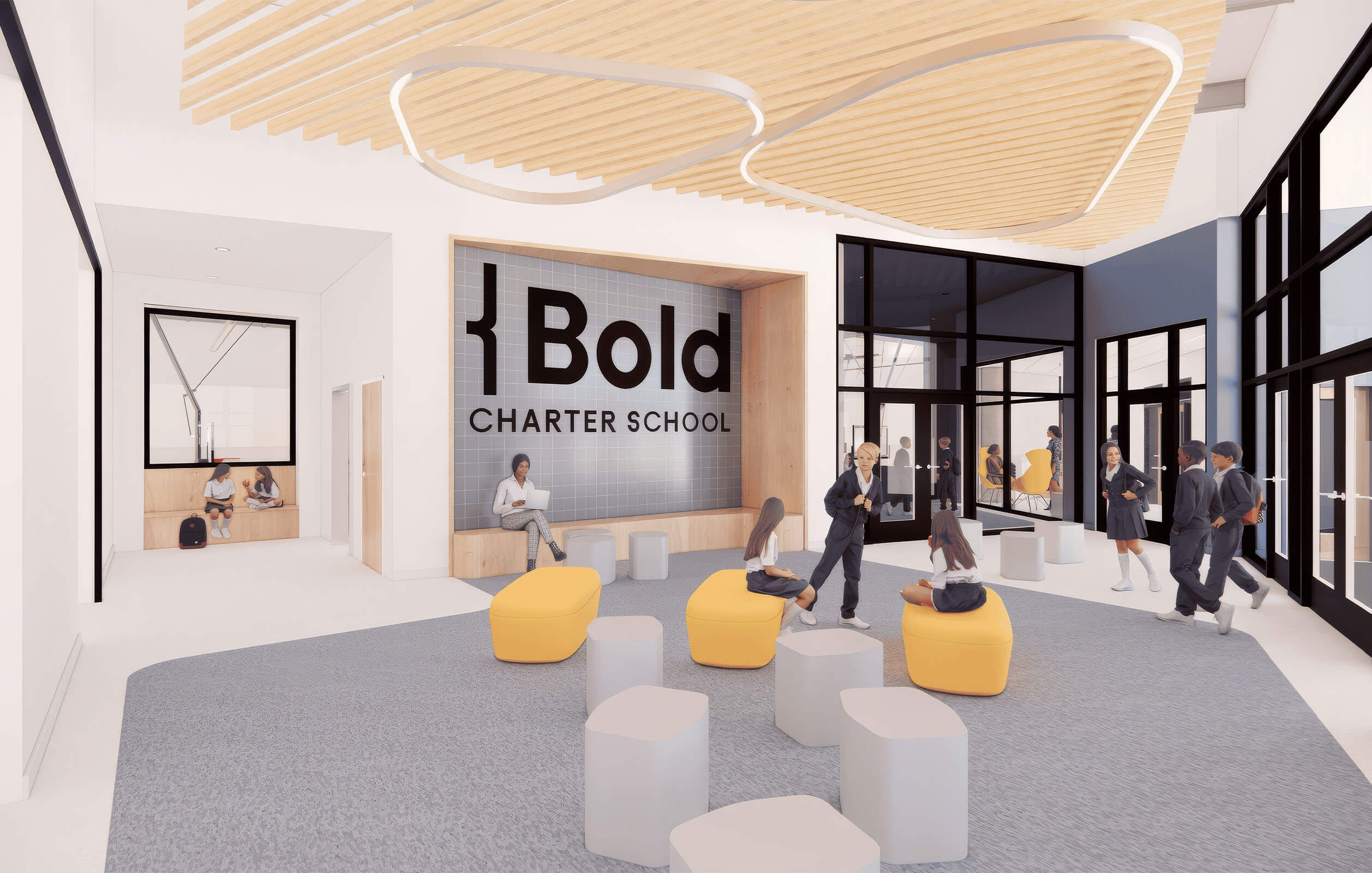 Rendering of a hallway in Bold Charter School's new K-8 school in the Bronx