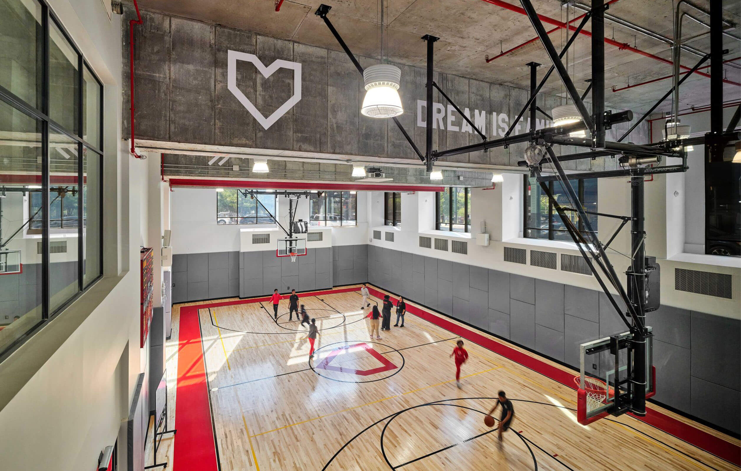 Overhead view of spacious, light-filled basketball court in DREAM Highbridge Charter School