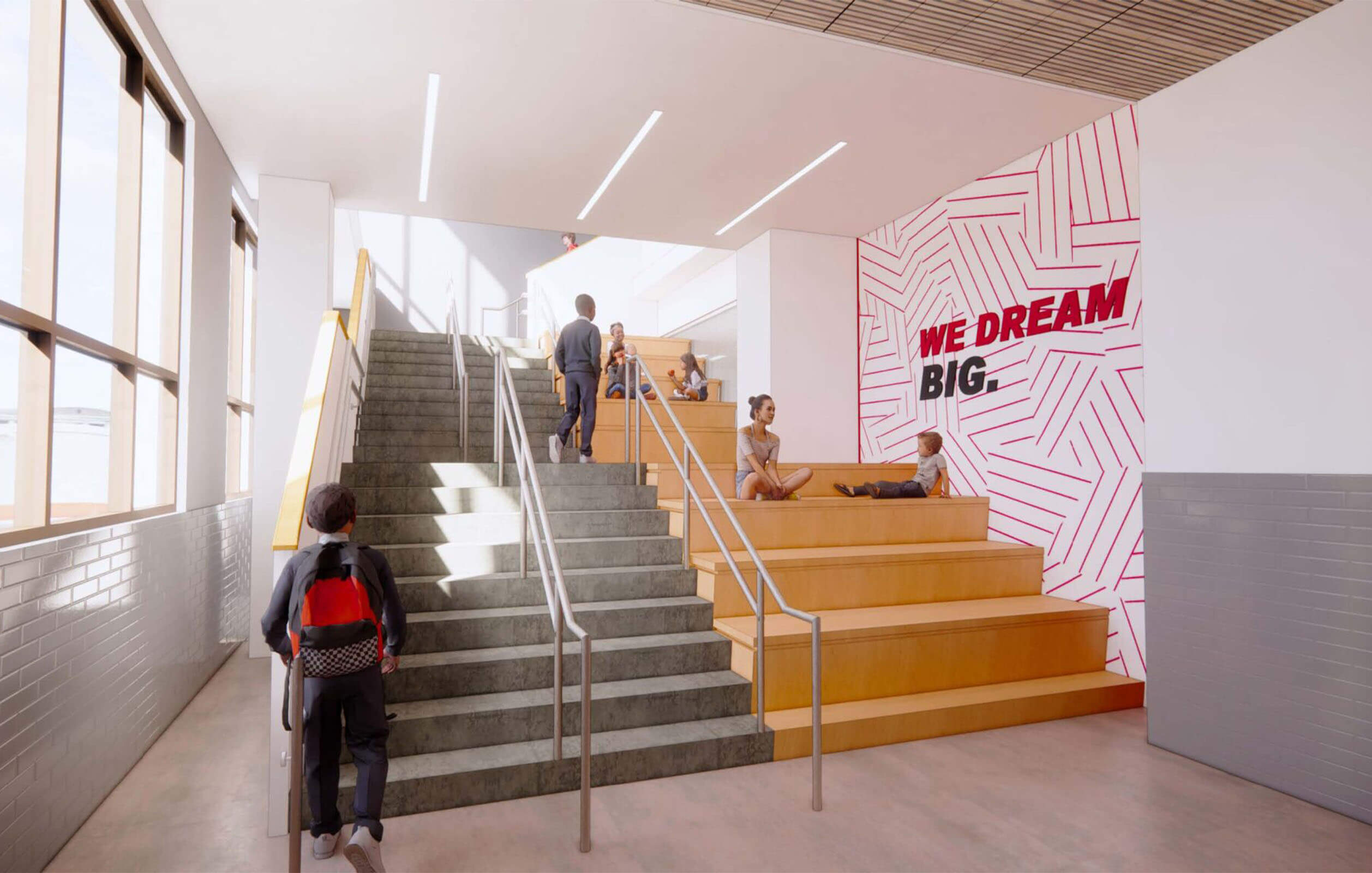 Students walking up the stairs at the DREAM HIghbridge Charter School in the Bronx