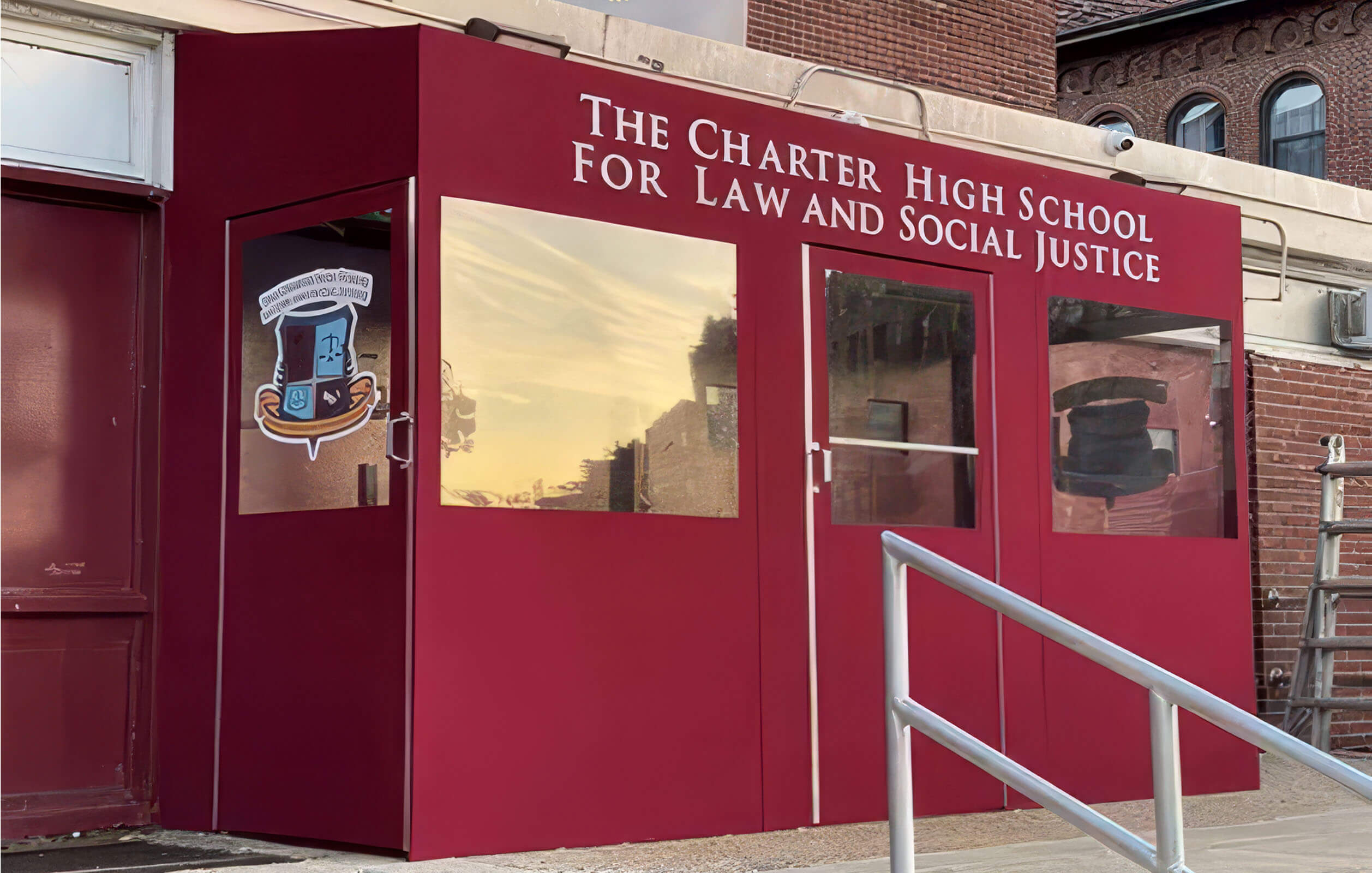 Entrance to the Charter High School for Law and Social Justice in the Bronx