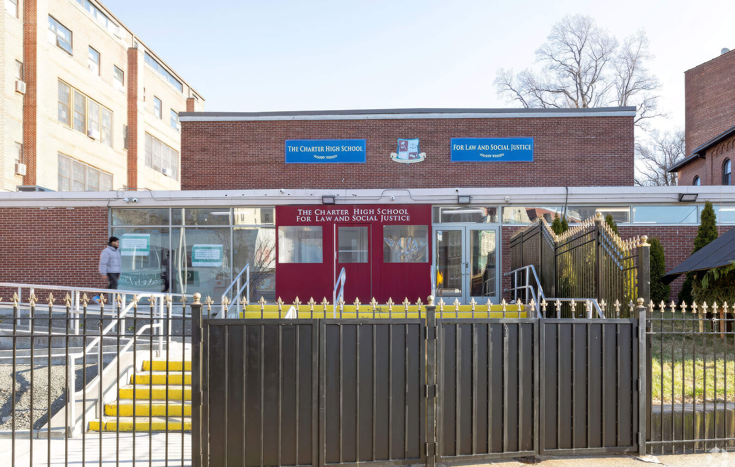 Entrance to the Charter High School for Law and Social Justice in the Bronx