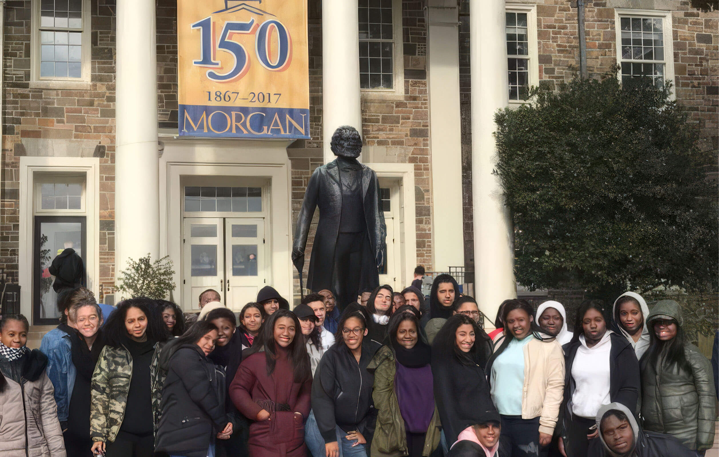 Students at the Charter High School for Law and Social Justice pose for a group photo on class field trip