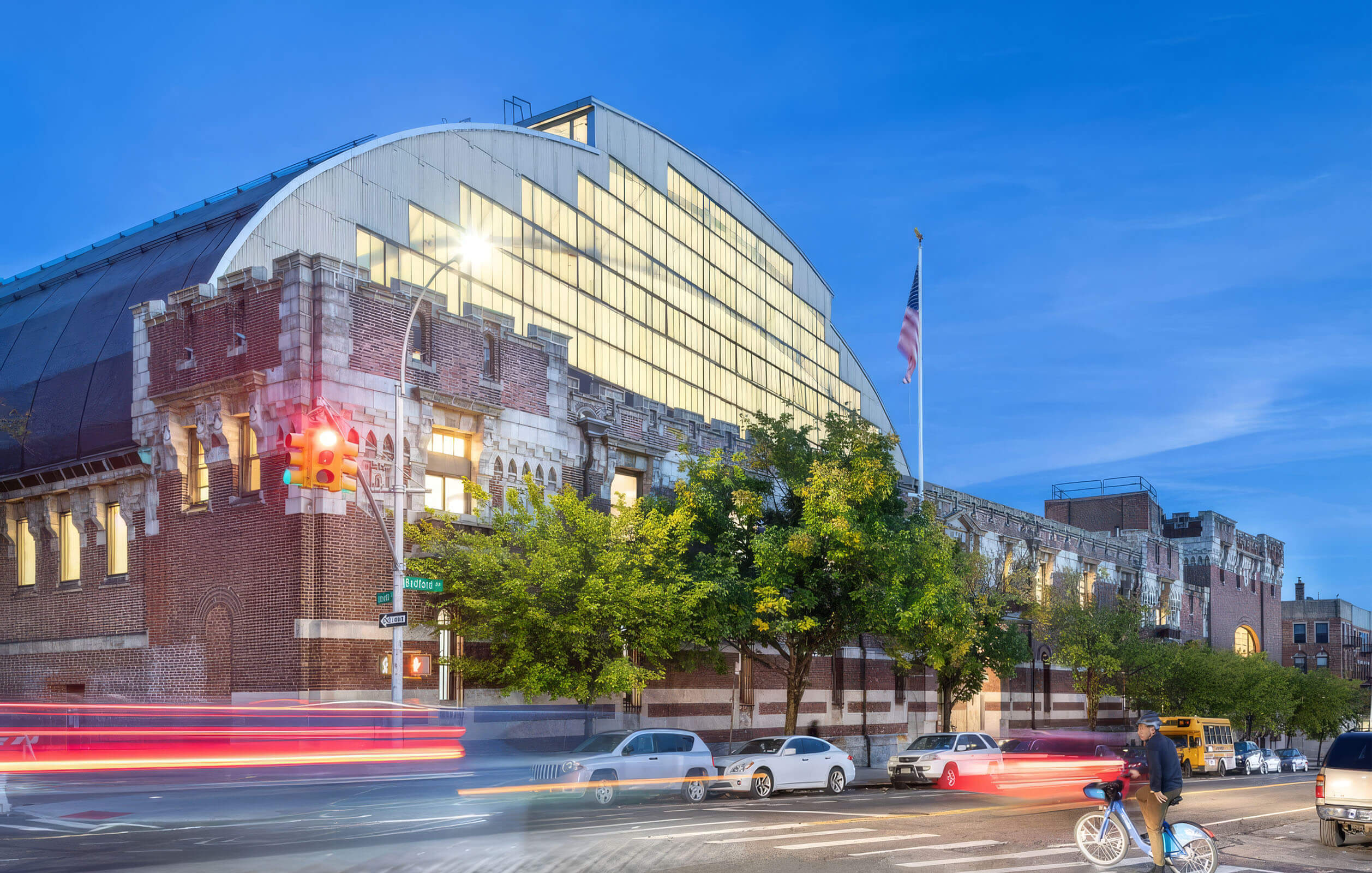 Exterior of the fully redeveloped historic 112,000 square foot Bedford-Union Armory in Brooklyn