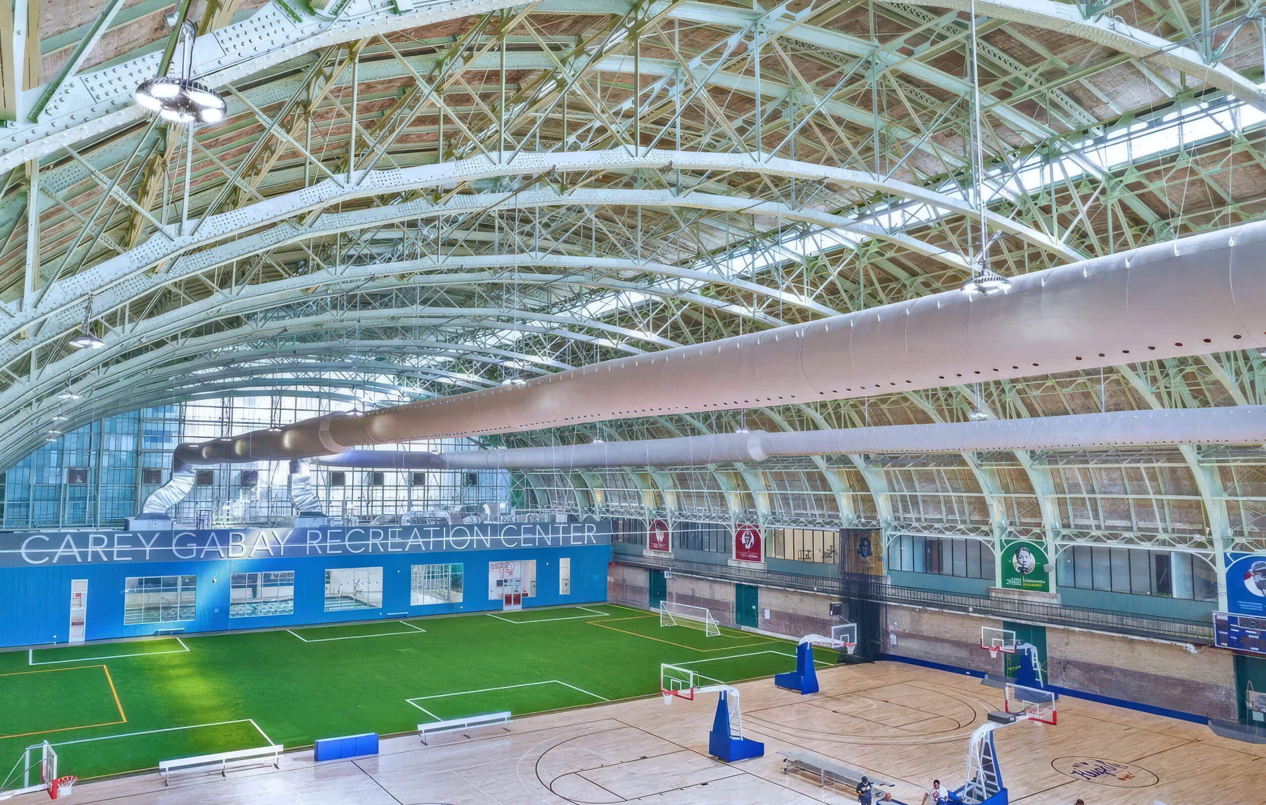 The 60,000 square foot multi-purpose recreation space of the Major Owens Health & Wellness Community Center. The space includes multiple hardwood basketball courts, a six-lane swimming pool, a soccer field, as well as yoga, dance, and fitness studios