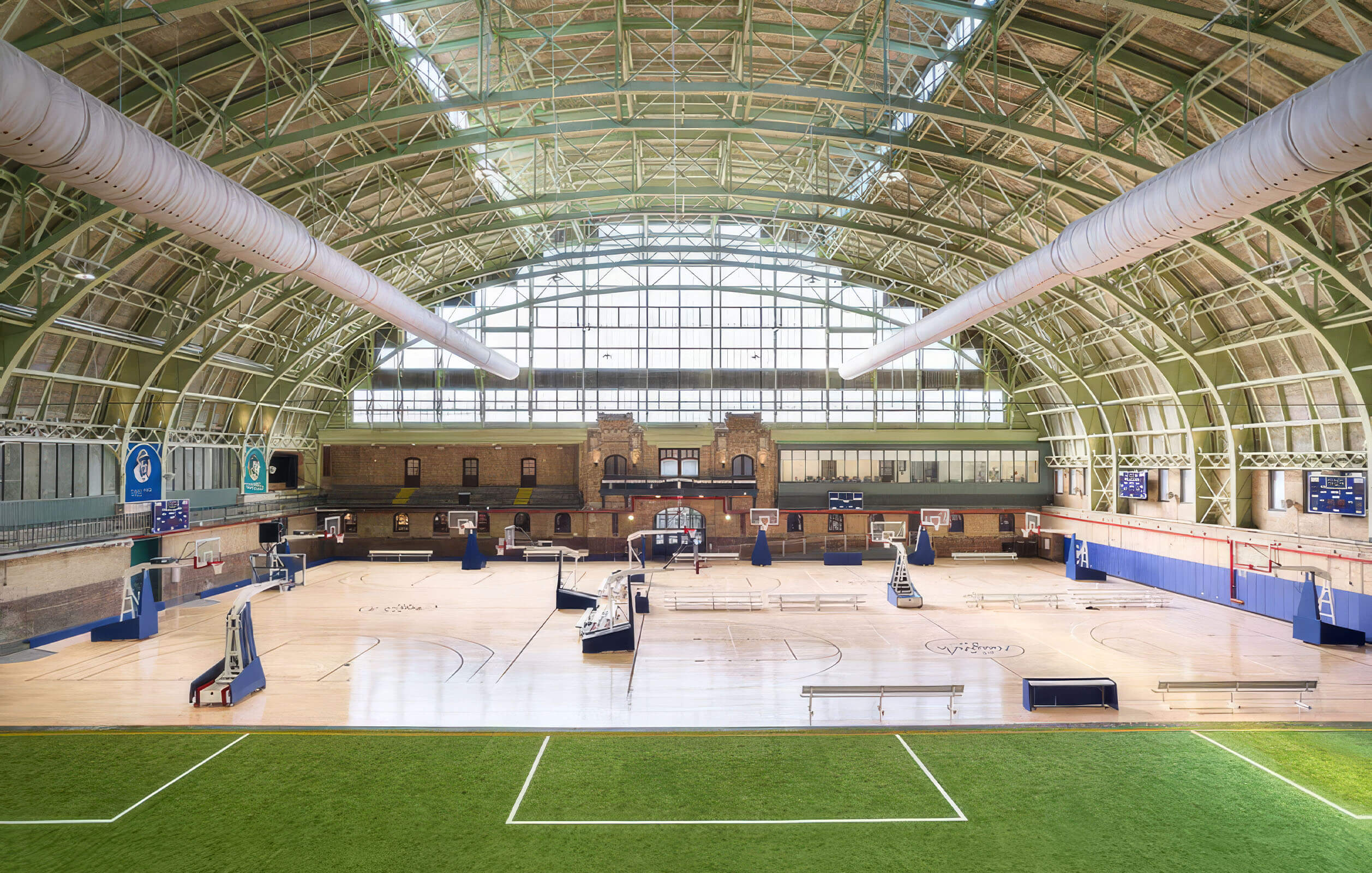 The 60,000 square foot multi-purpose recreation space of the Major Owens Health & Wellness Community Center. The space includes multiple hardwood basketball courts, a six-lane swimming pool, a soccer field, as well as yoga, dance, and fitness studios