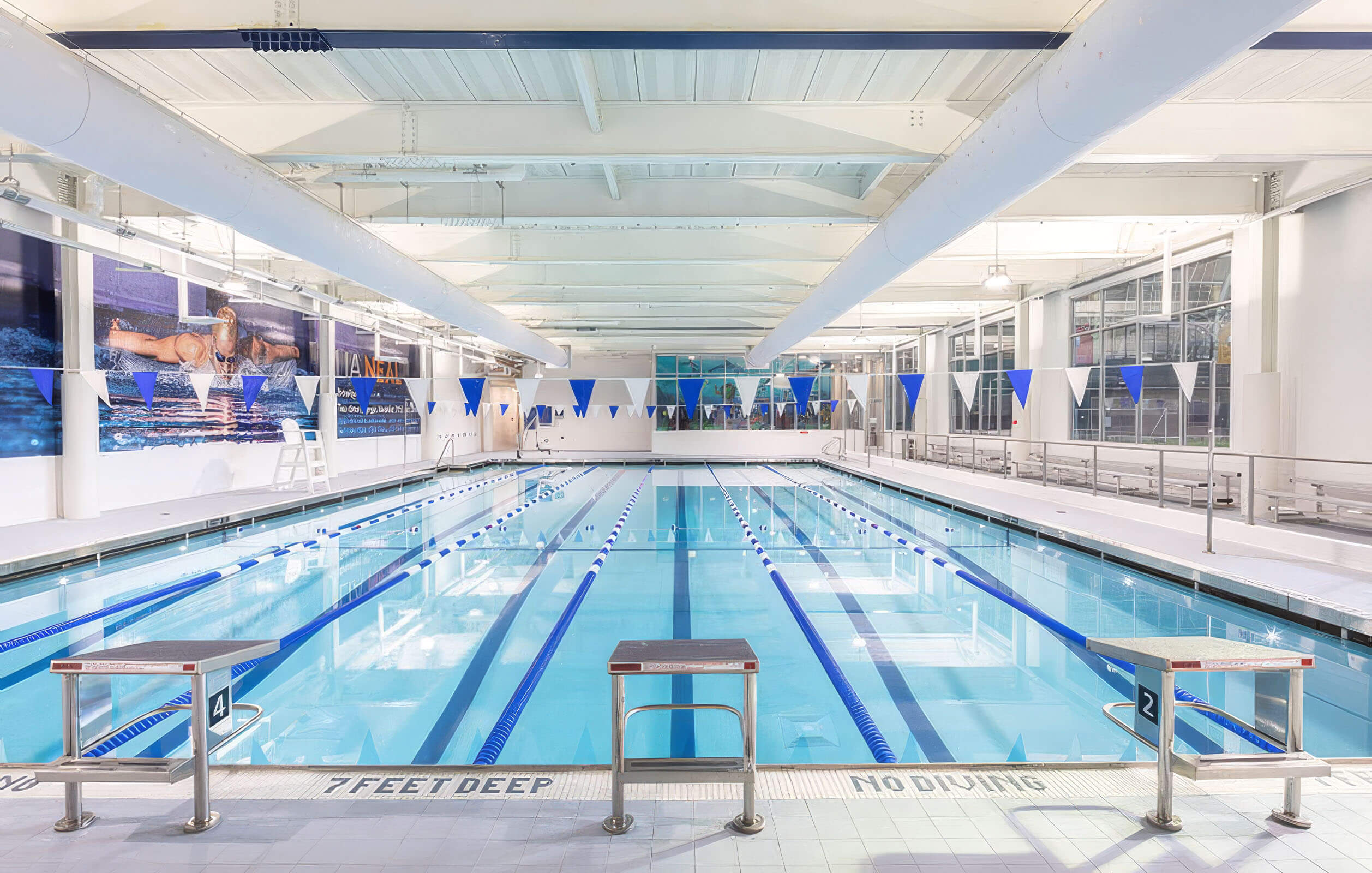 A six-lane competitive swimming pool at the Major Owens Health & Wellness Community Center in Brooklyn