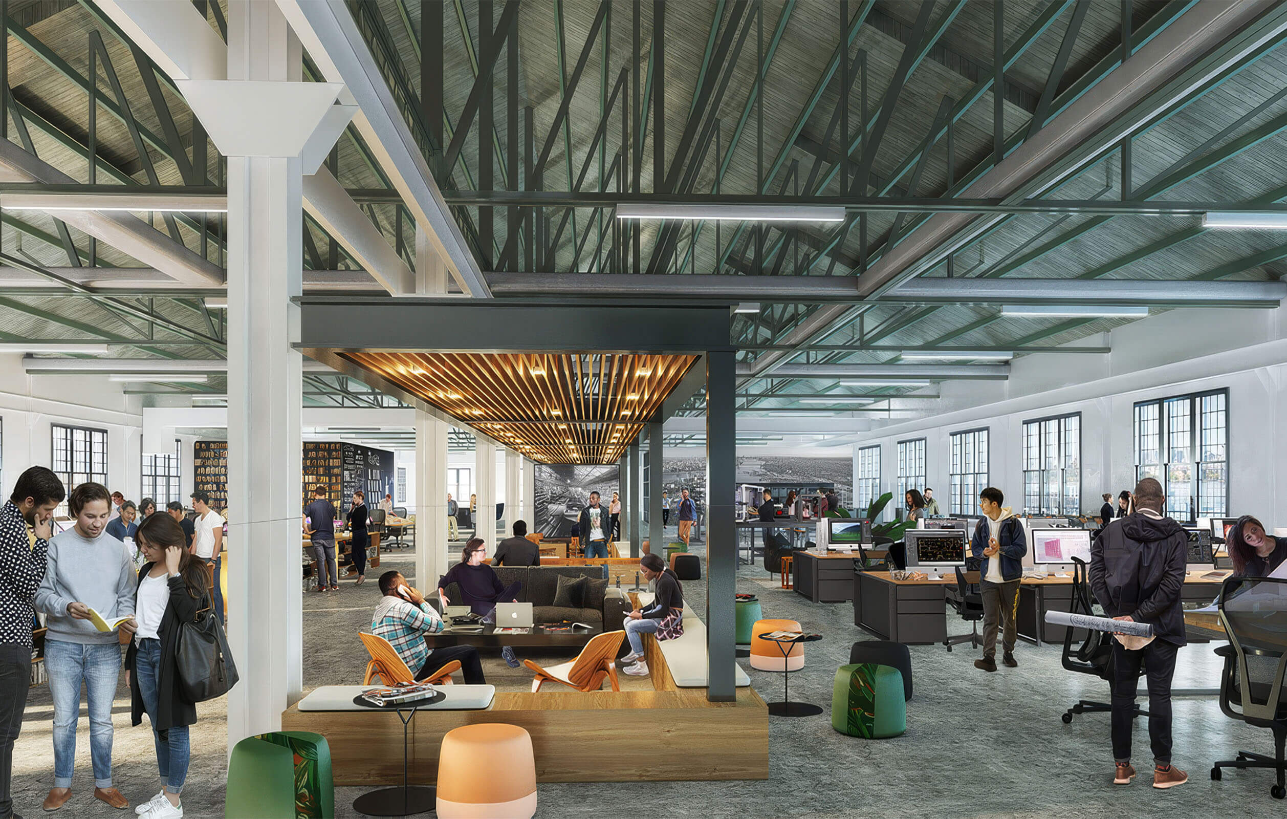 Rendering of people working inside a modern, industrial space