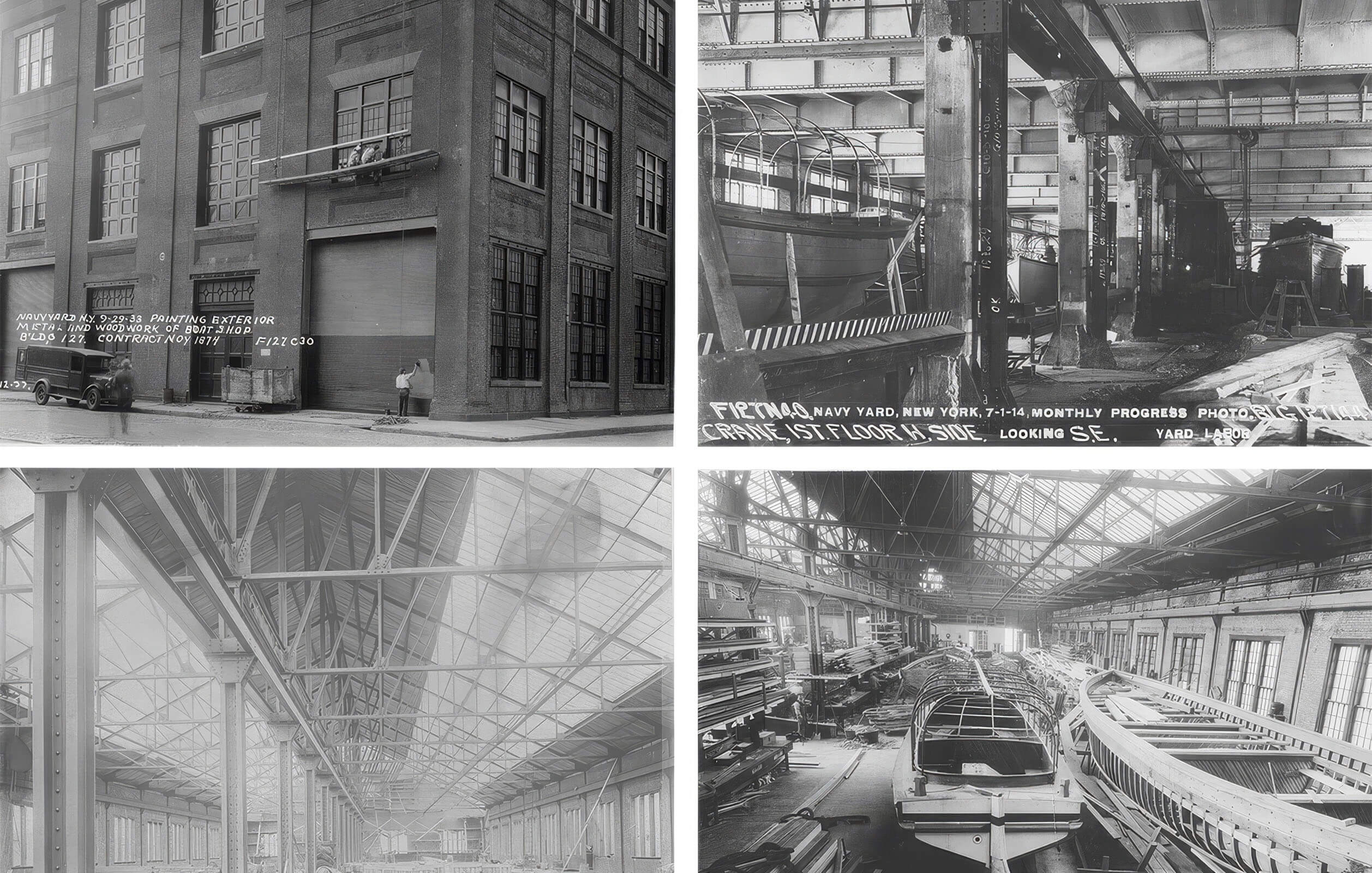 Old black and white photos of Building 127 which was previously used as a boat construction and repair facility for the United States Navy
