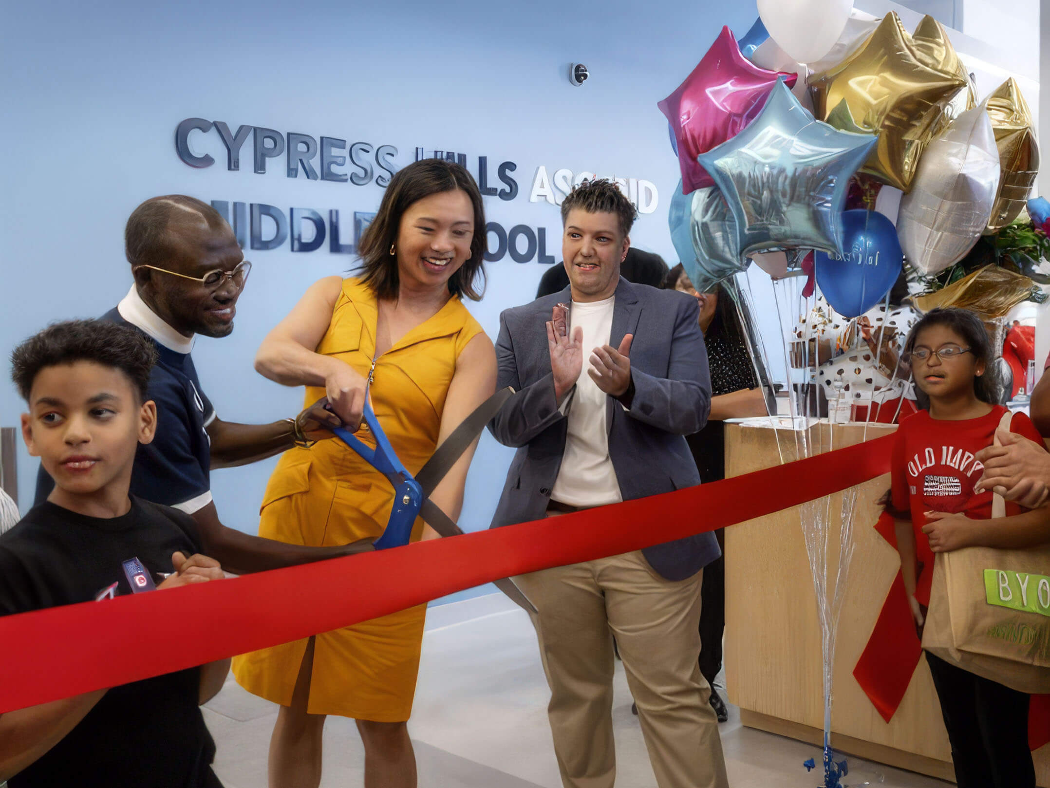 Ribbon cutting ceremony celebrating the grand opening of Cypress Hills Ascend Middle School in Brooklyn