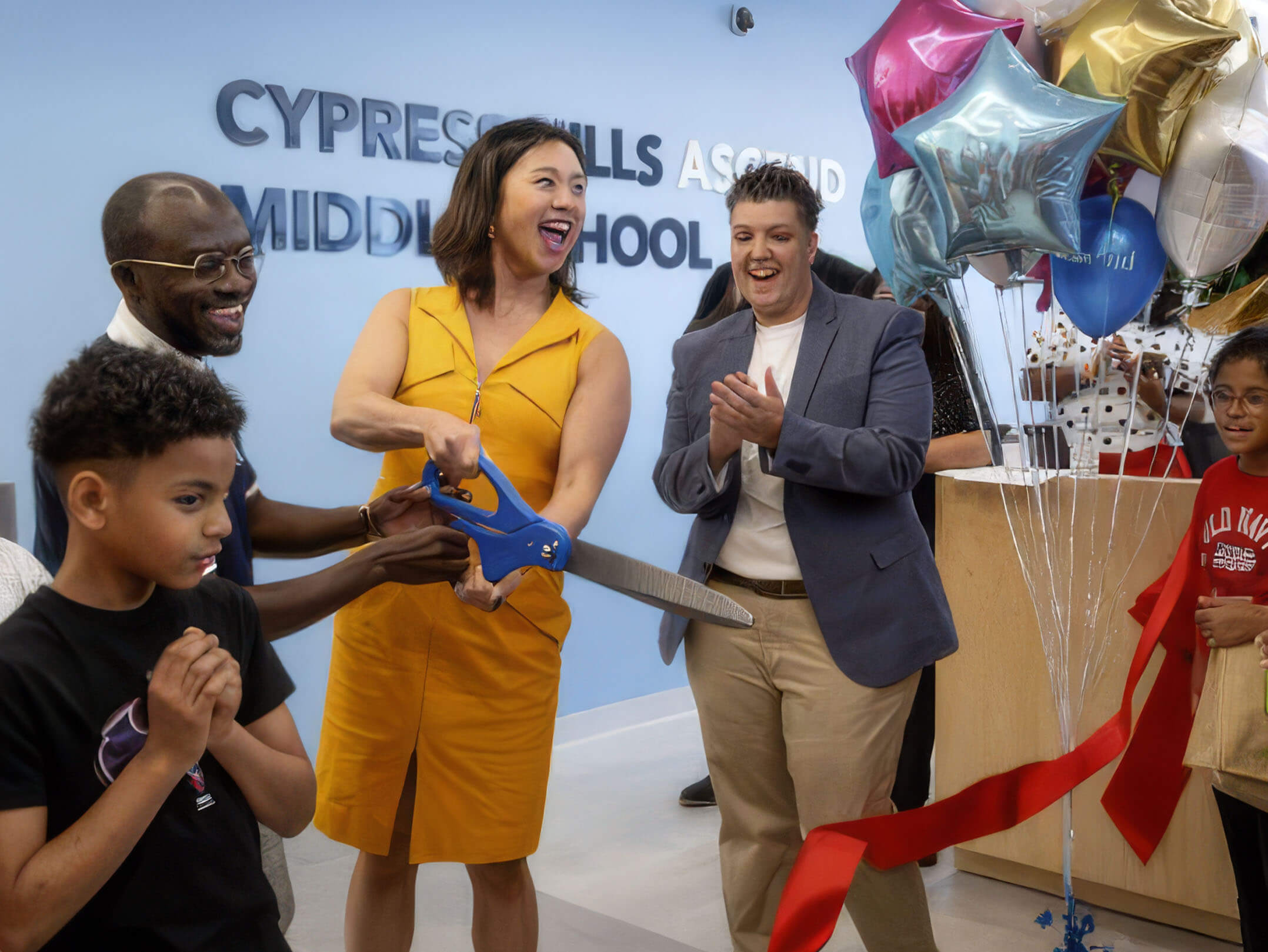 Ribbon cutting ceremony celebrating the grand opening of Cypress Hills Ascend Middle School in Brooklyn