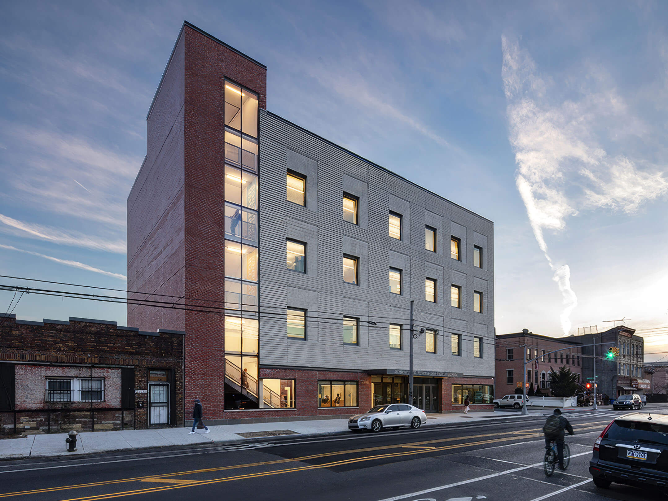 Night view of the 42,000 square foot public charter middle school in the East New York section of Brooklyn