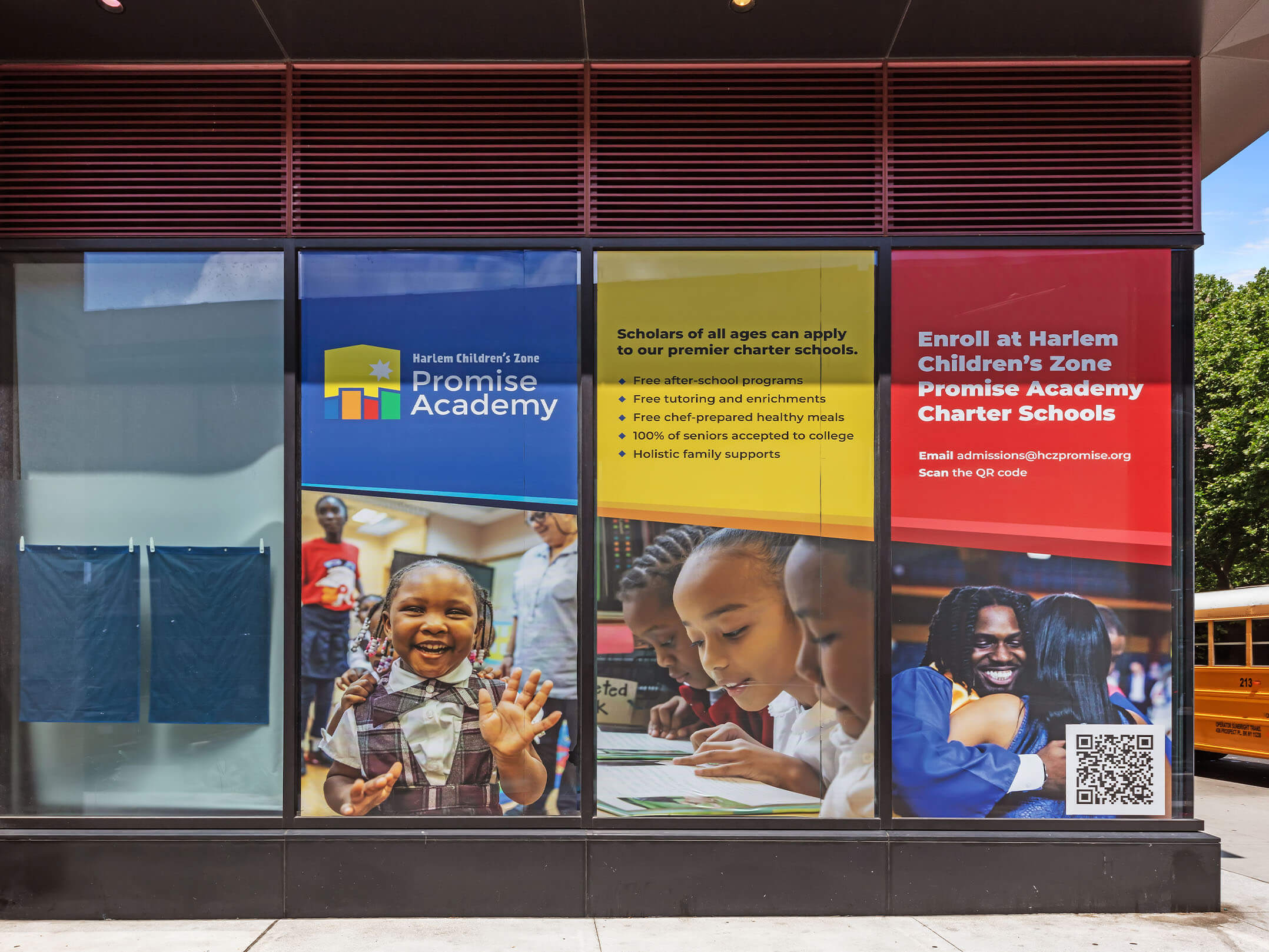 Pictures of children in the window of Promise Academy II in Harlem