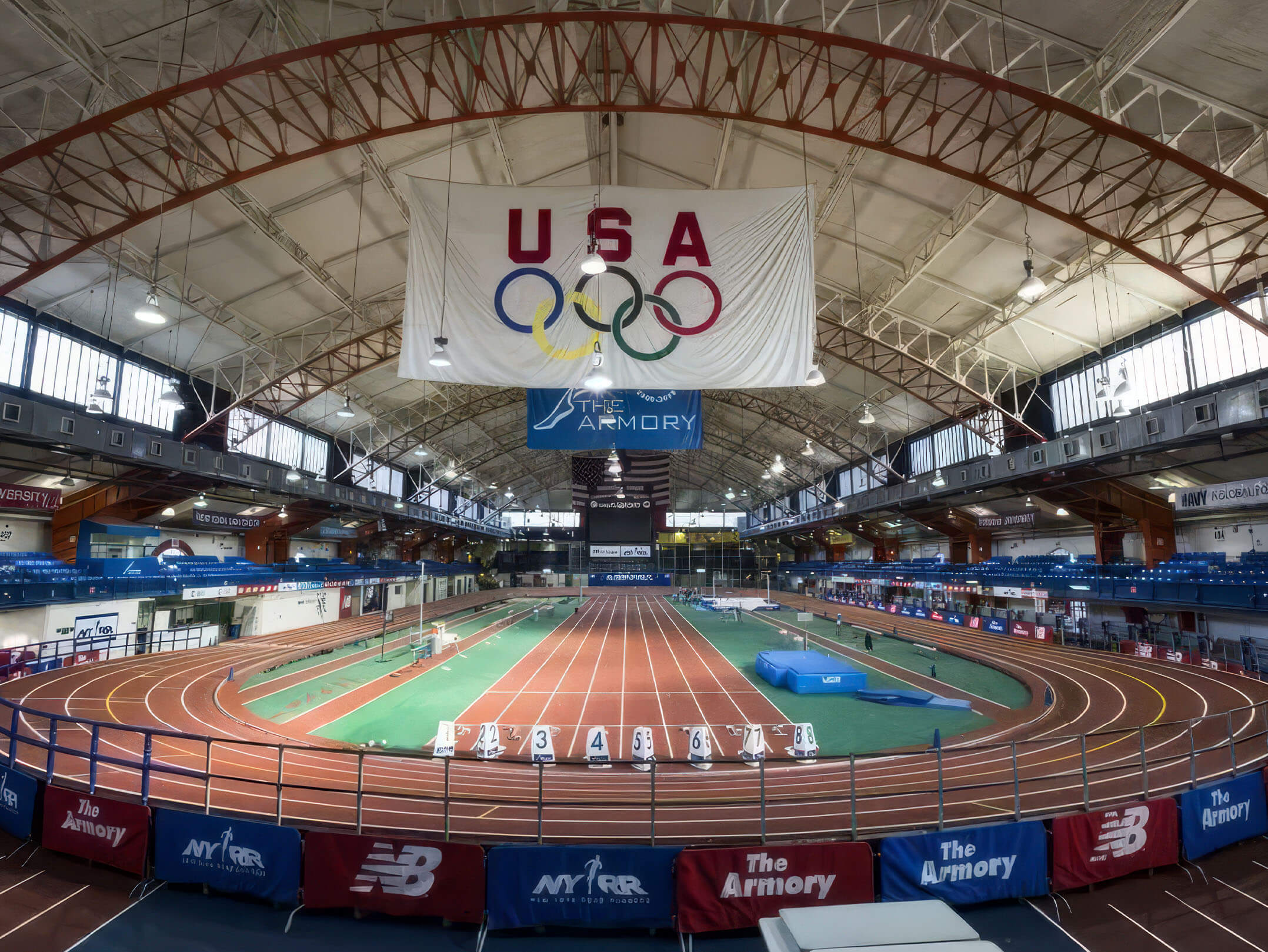 View of track and stands at the 250,000 square foot Nike Track & Field Center at the Armory