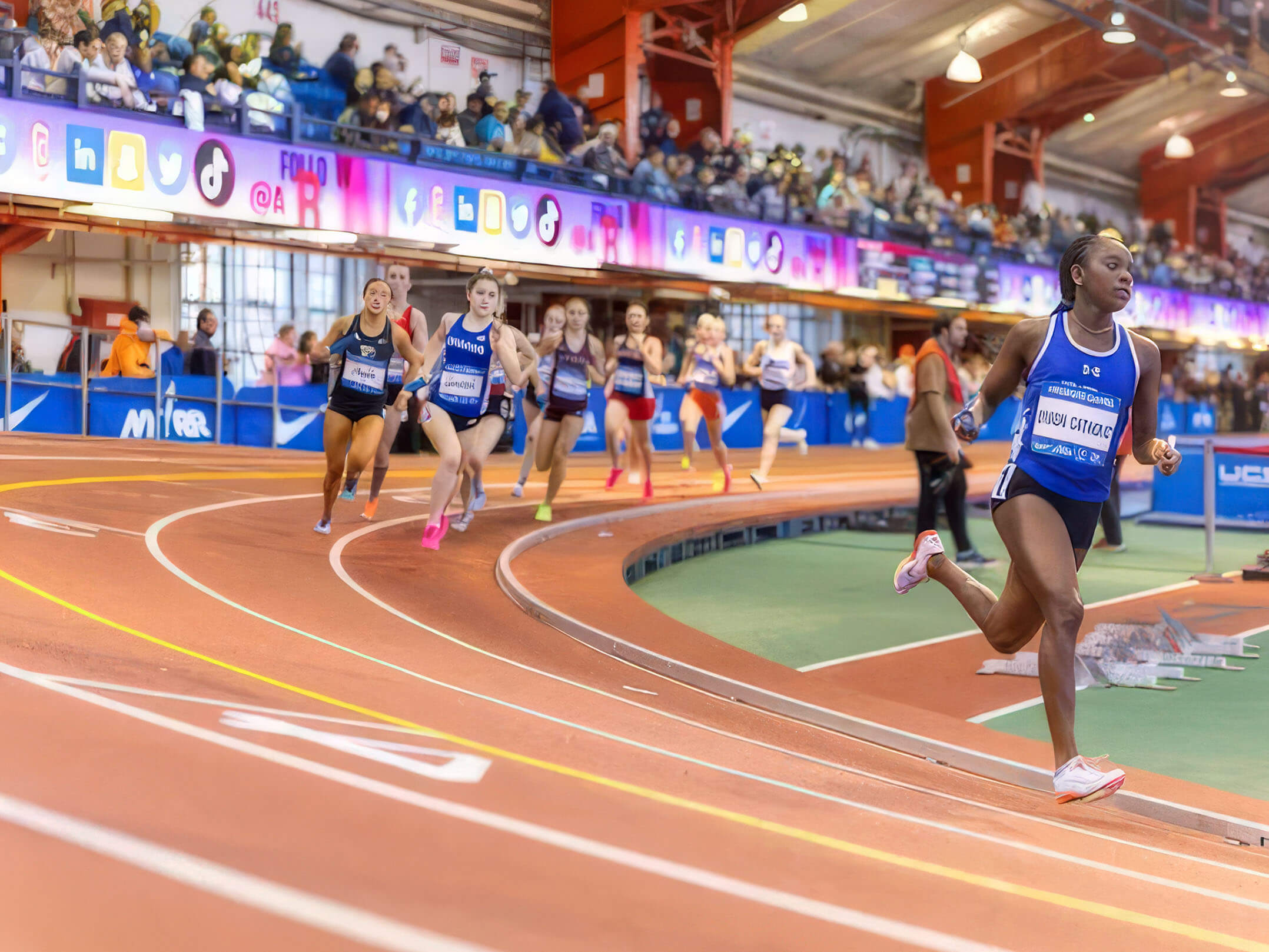 Runners competing in a track meet at the Millrose Games held at the Nike Track & Field Center at the Armory