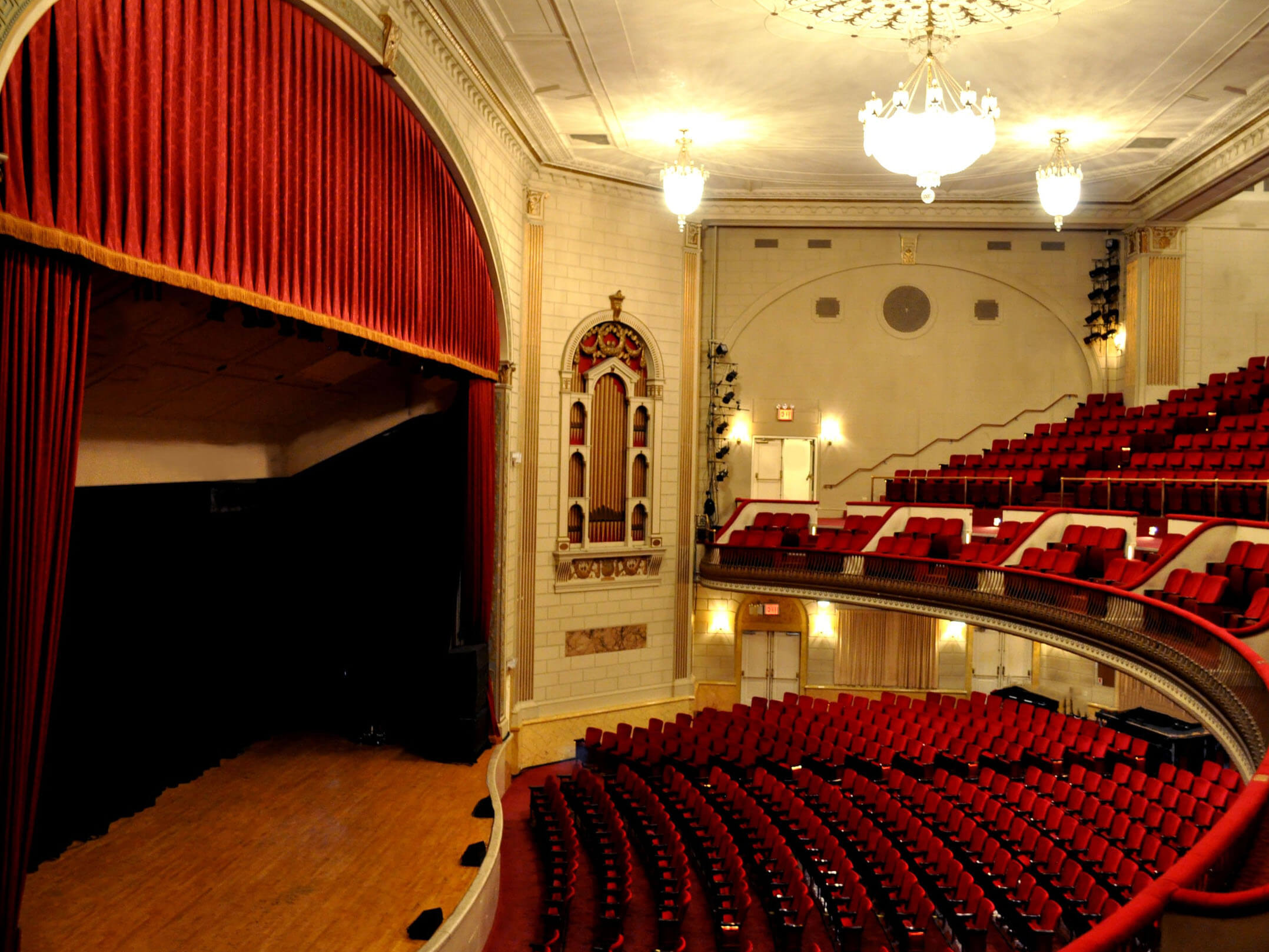 View of seats and stage of the theater at The Town Hall