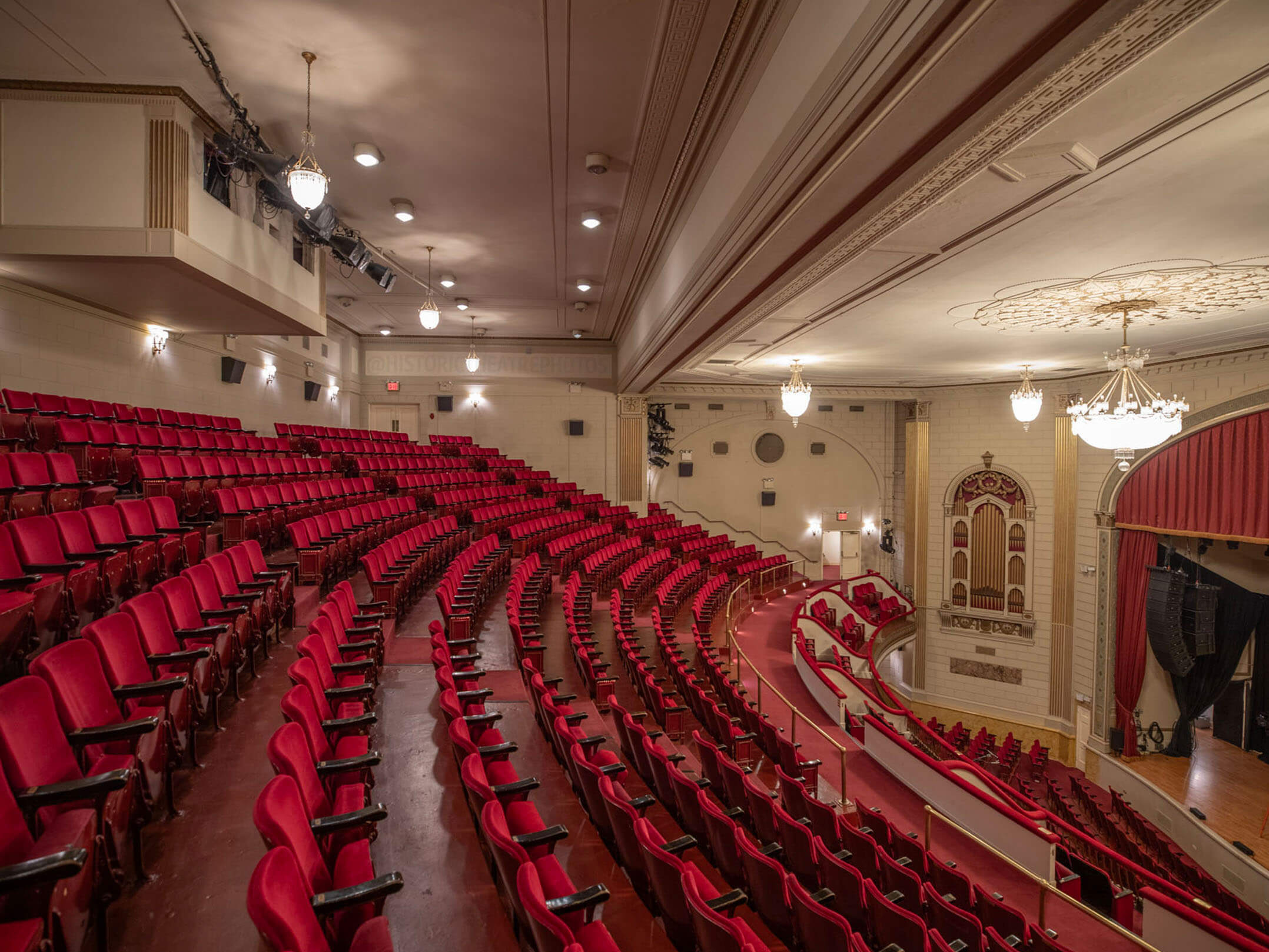 View of seats and stage of the theater at The Town Hall