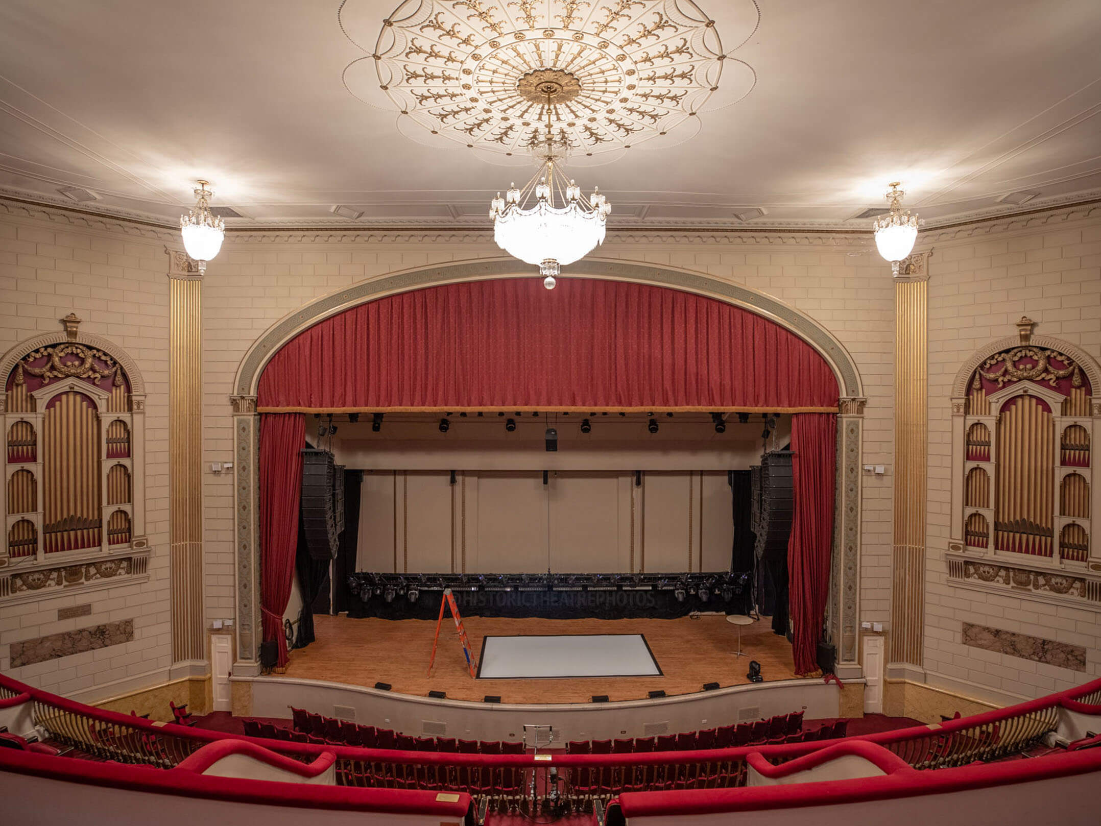 The grand stage at The Town Hall, a historic landmark in Manhattan