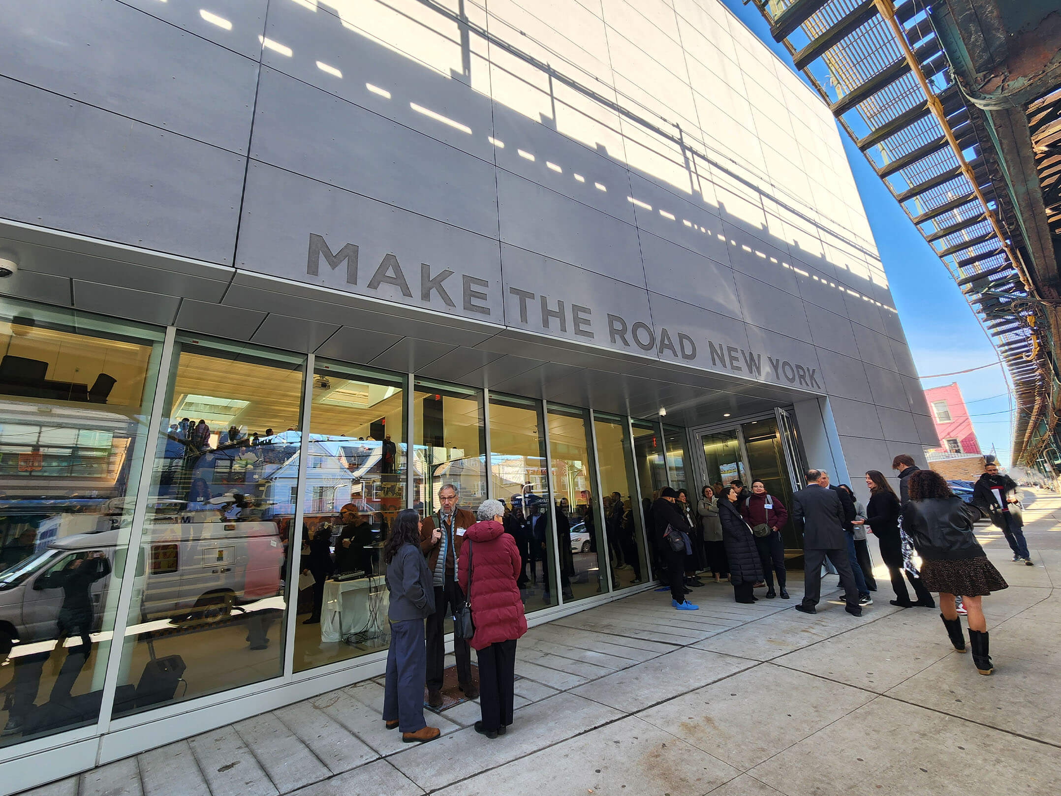 People walking into Make the Road New York's 24,000 square foot community center in Queens