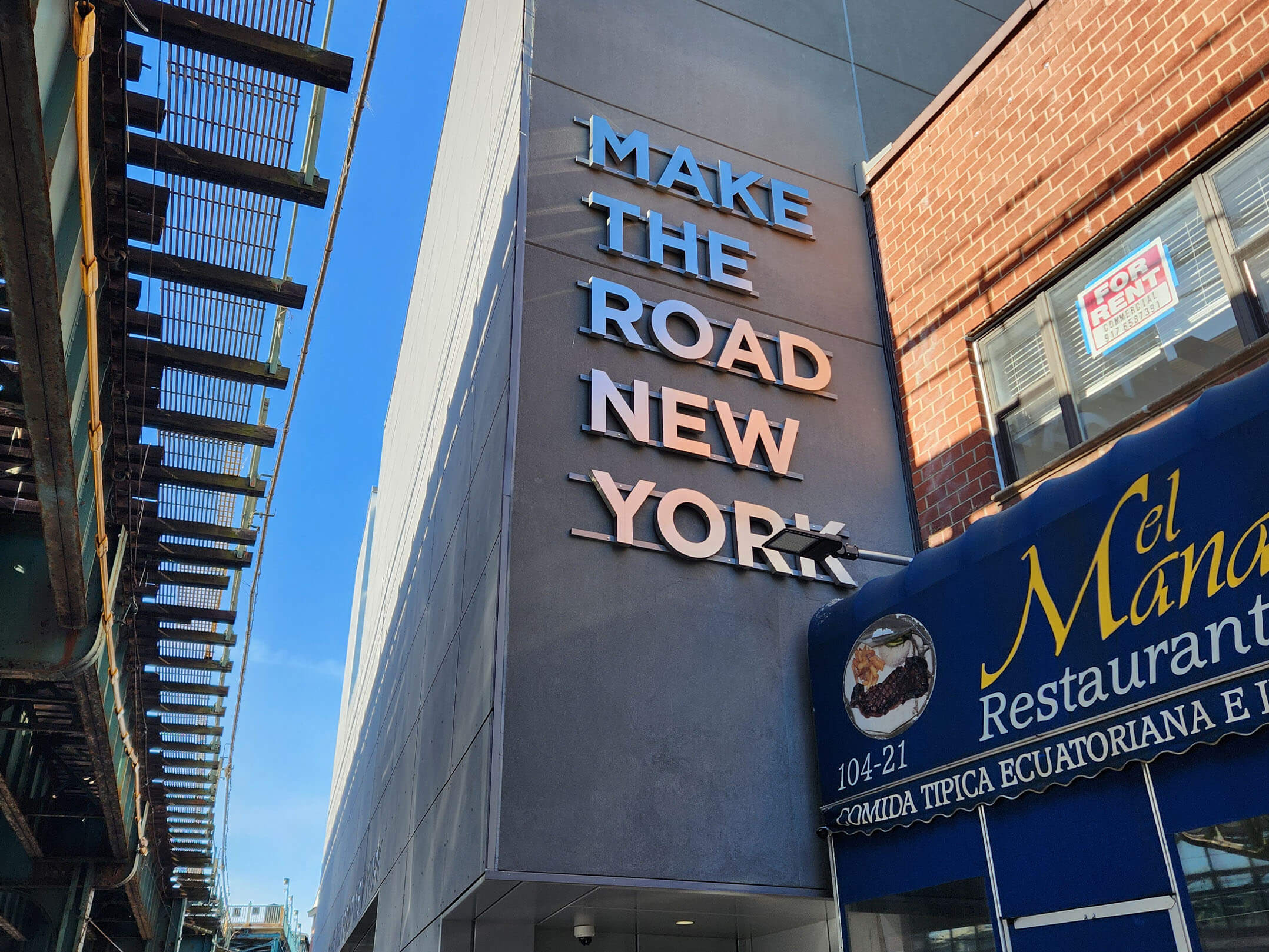 Make the Road New York signage on the side of the new community center in Queens
