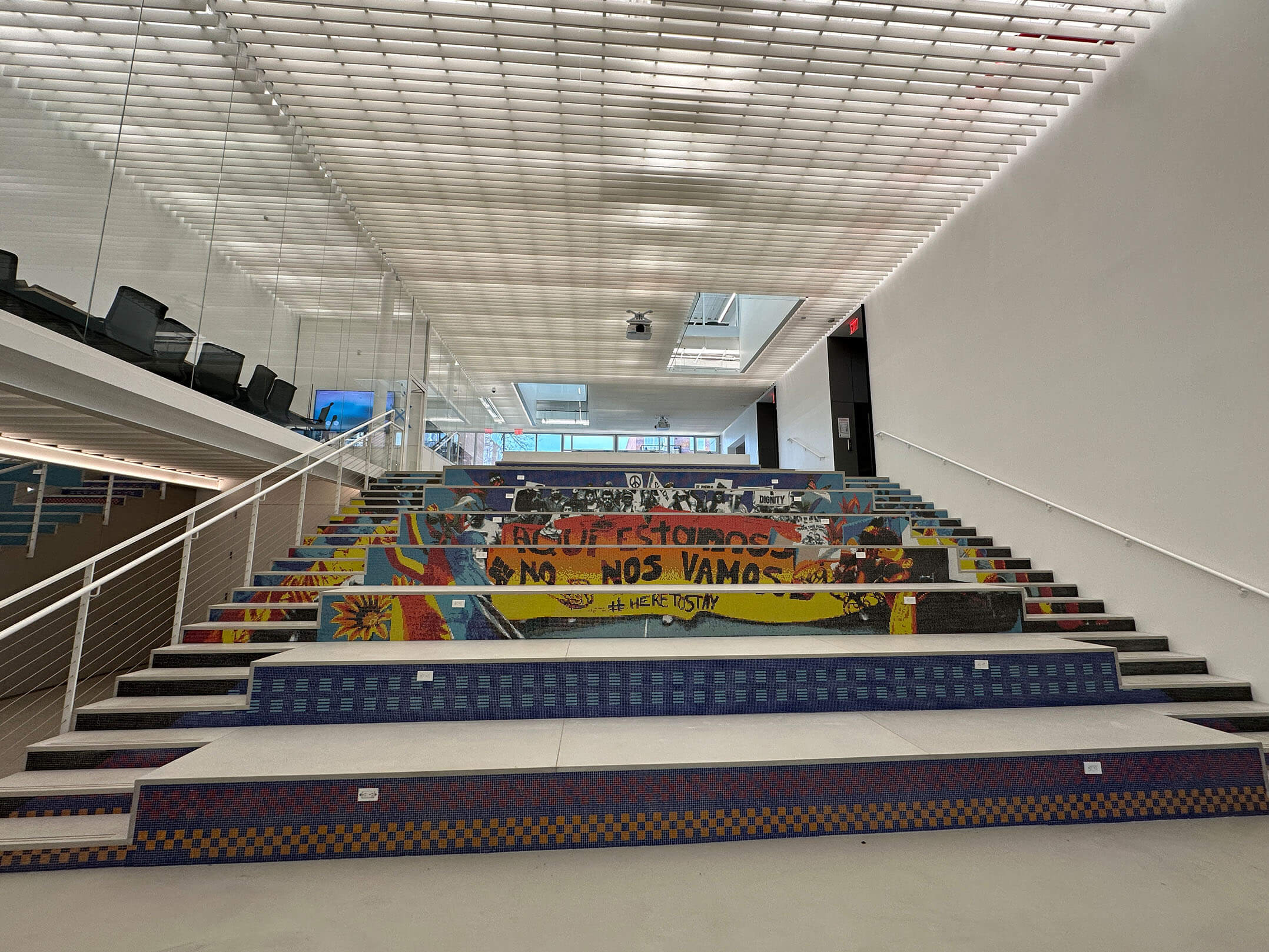 Tiered seating gathering space at Make the Road New York's community center in Queens