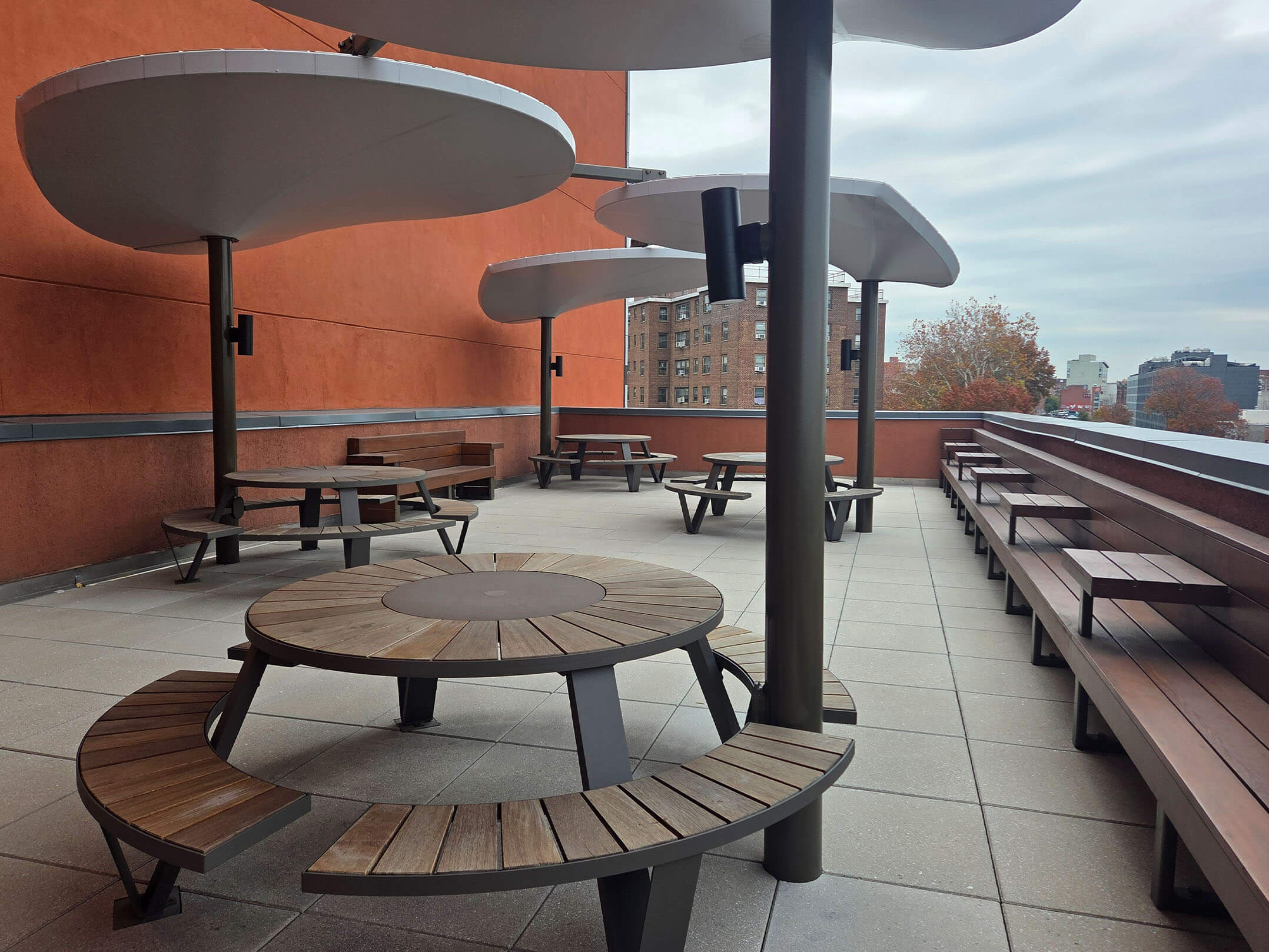 Outside sitting area at the Charles B. Wang Community Health Center in Flushing, Queens