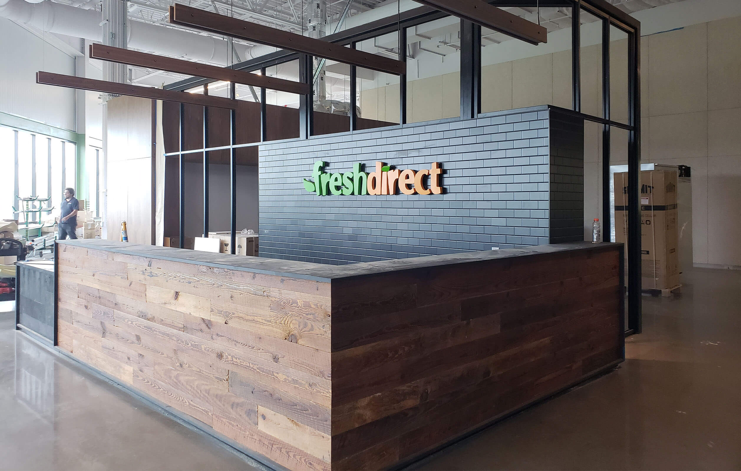 The reception area at the entrance of Fresh Direct's corporate headquarters