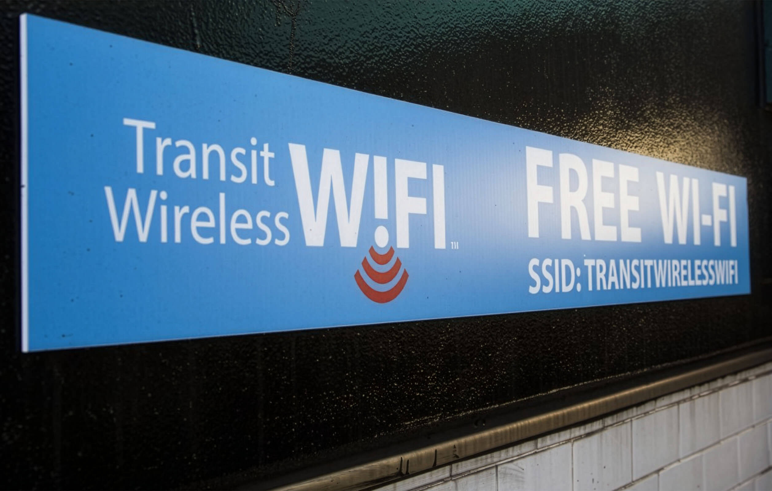 Signage in a subway station announcing free Wi-Fi connectivity
