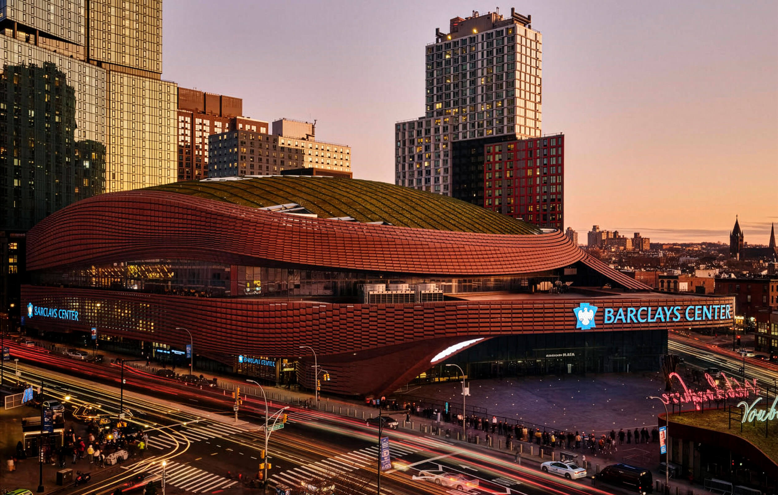 Side view of the Barclays Center Arena in Brooklyn