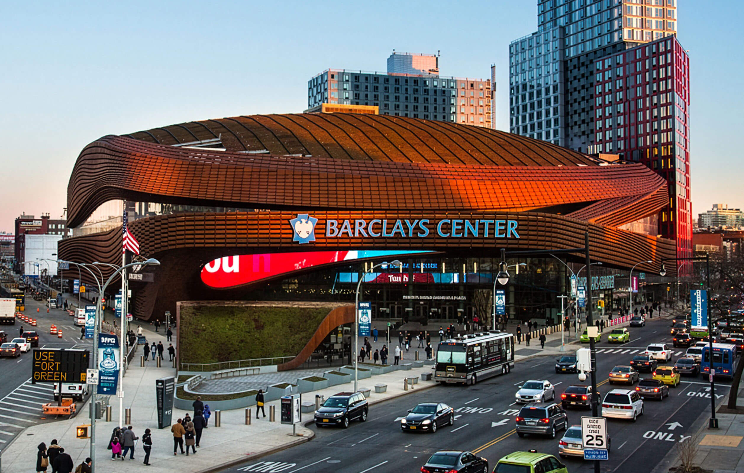 The front of the Barclays Center Arena along both Flatbush and Atlantic Avenues