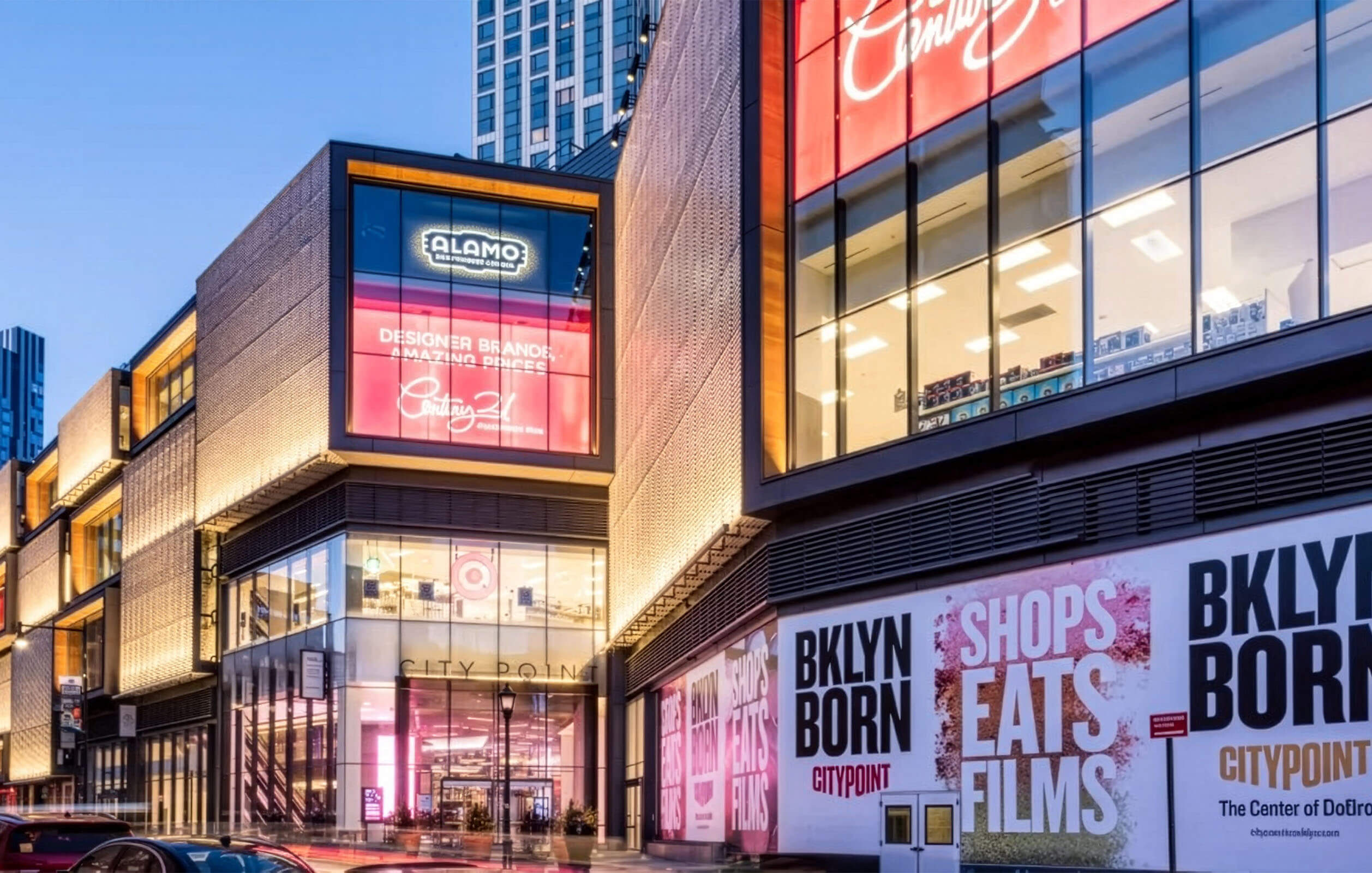 Exterior of the City Point retail complex at night