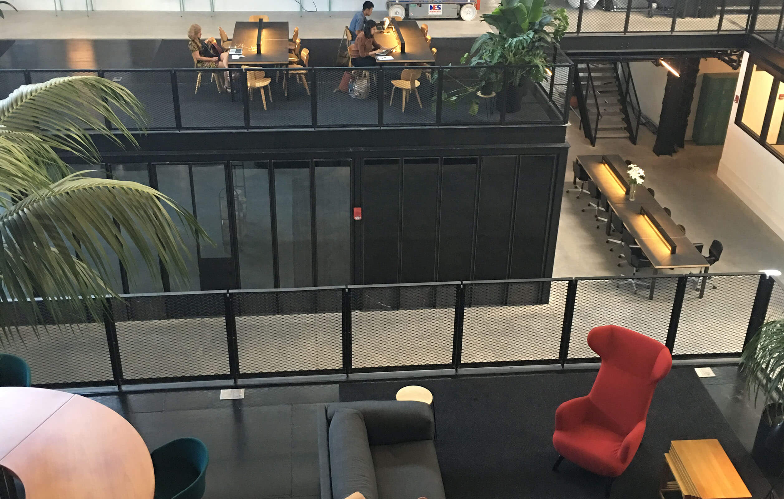 Overhead view of workplace sitting in Newlab