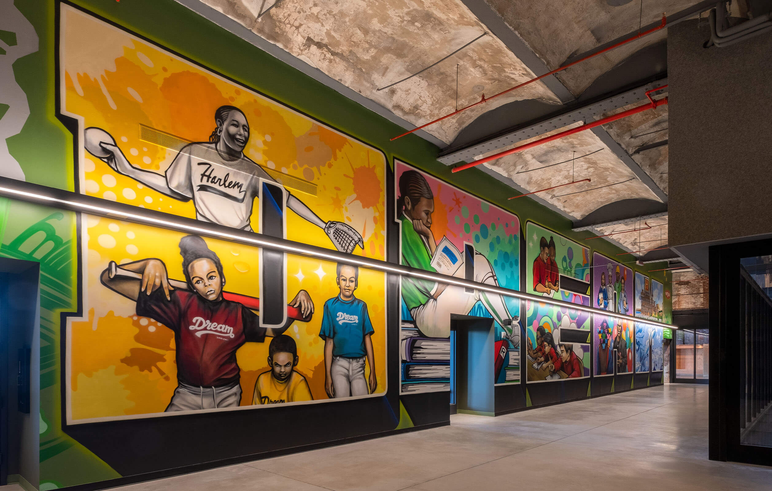 Brightly colored murals in the hallways of the dynamic new public charter school known as DREAM Charter School