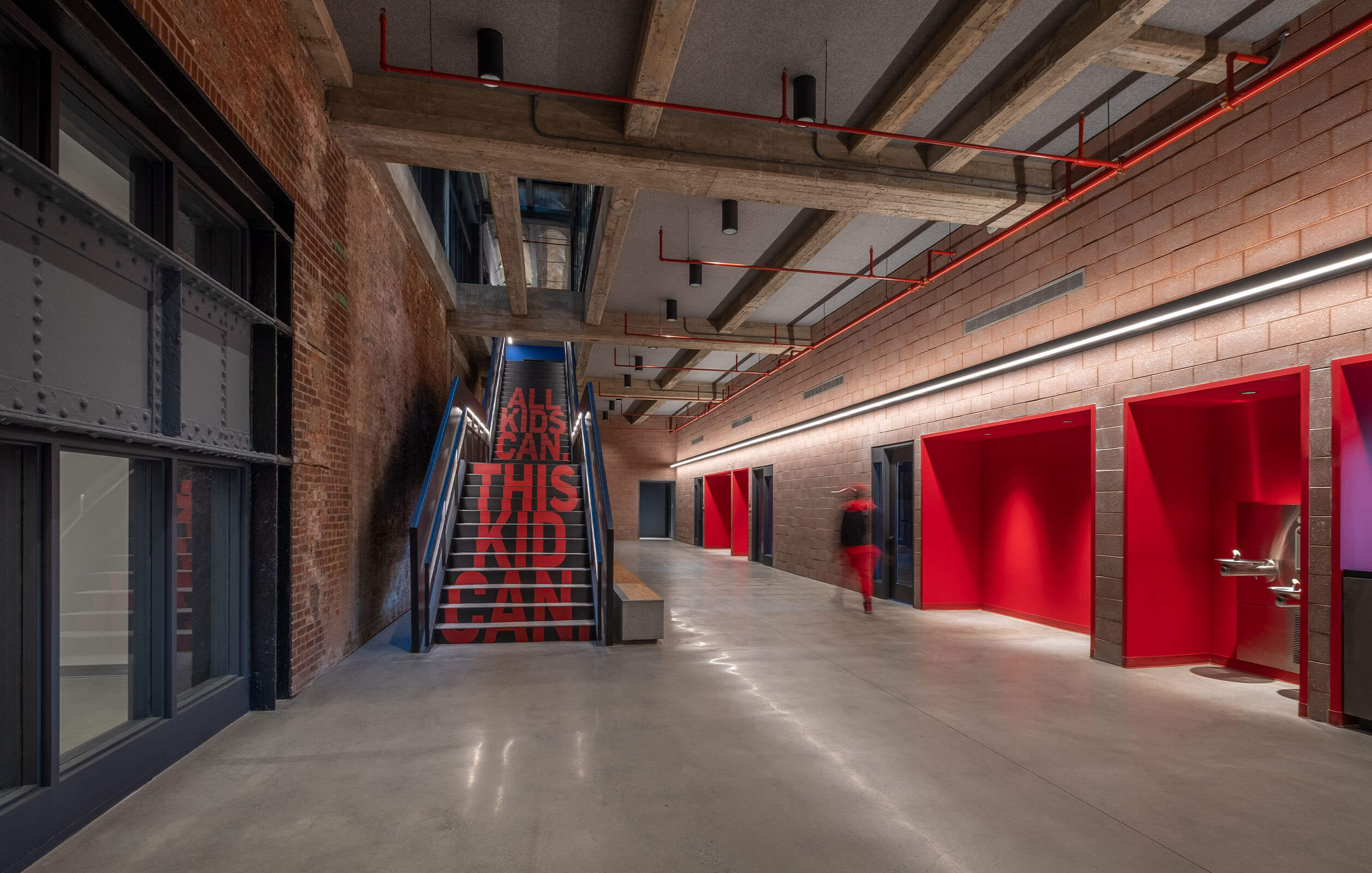 Modern hallway and stairs at the newly renovated DREAM Charter School